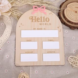 Wooden Bow Baby Birth Announcement Sign for Girls - Pink Bow Hello World Newborn Welcome Board, Wooden and Acrylic Birth Announcement Board, Hospital Birth Stats, Nursery Decorations