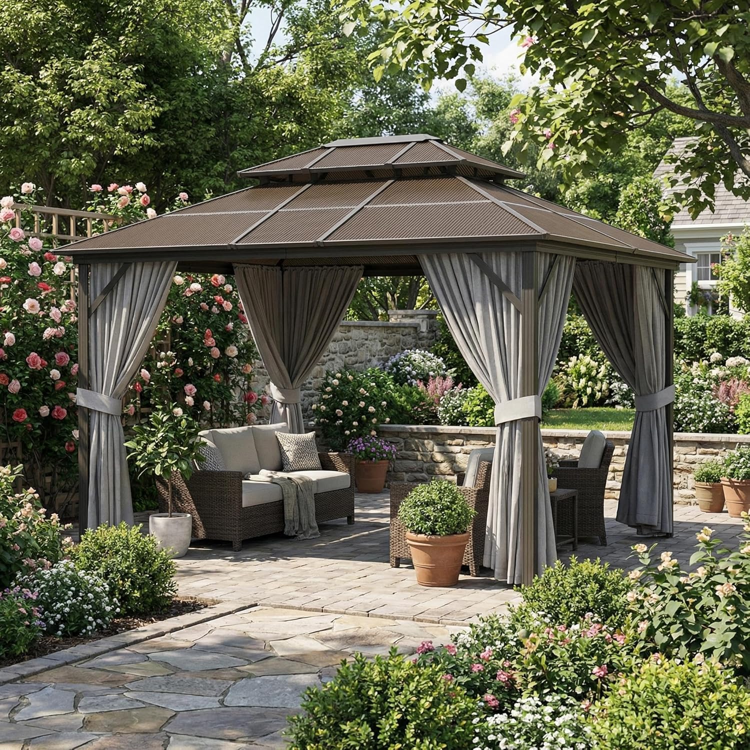10x13 ft Hardtop Gazebo with Double Polycarbonate Roof, All-Weather Aluminum Alloy Frame Permanent Outdoor Canopy with Netting & Curtains for Patio, Deck, Backyard, Lawn & Garden