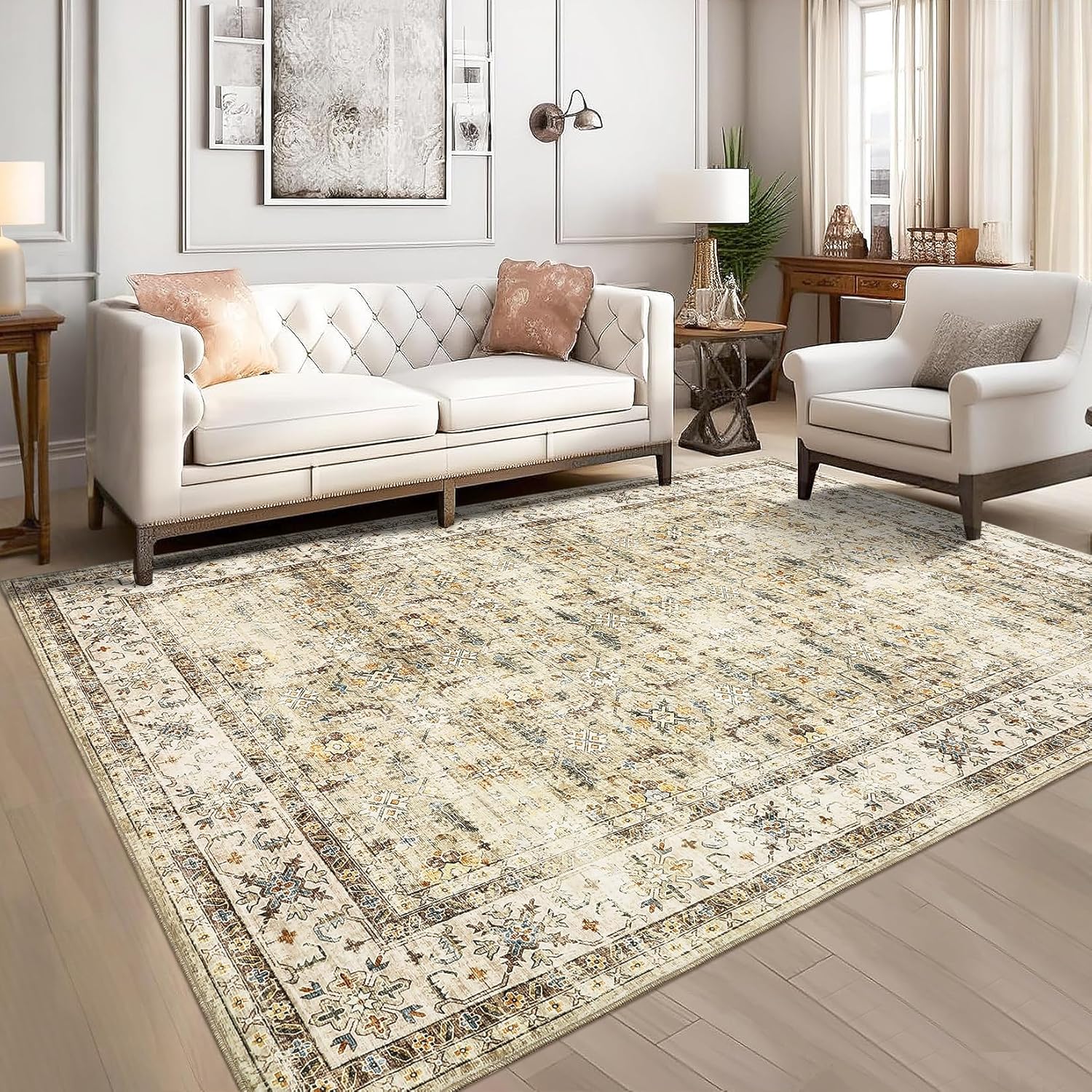 GAOMON Area Rug 9x12 Living Room Rug Washable Retro Distressed Aesthetic Rugs for Bedroom Non Slip Non-Shedding Floor Cover Indoor Soft Vintage Medallion Accent Carpet for Dining Room Office Beige