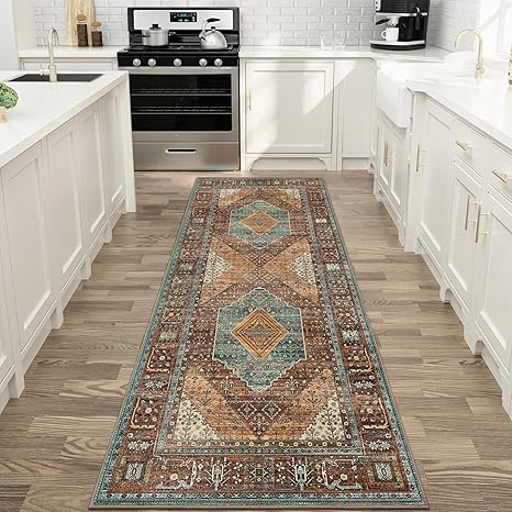 GENIMO Runner Rug 2x10,Hallway Runner Rug Non Slip, Machine Washable Low Pile Lightweight Retro Carpet for Living Room, Entryway, Bedroom, Kitchen and Passage, Brick RED