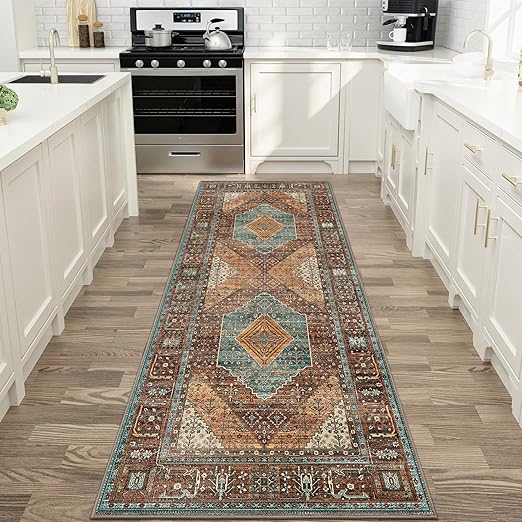 GENIMO Runner Rug 2x10,Hallway Runner Rug Non Slip, Machine Washable Low Pile Lightweight Retro Carpet for Living Room, Entryway, Bedroom, Kitchen and Passage, Brick RED