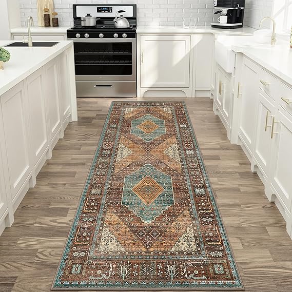 GENIMO Runner Rug 2x10,Hallway Runner Rug Non Slip, Machine Washable Low Pile Lightweight Retro Carpet for Living Room, Entryway, Bedroom, Kitchen and Passage, Brick RED