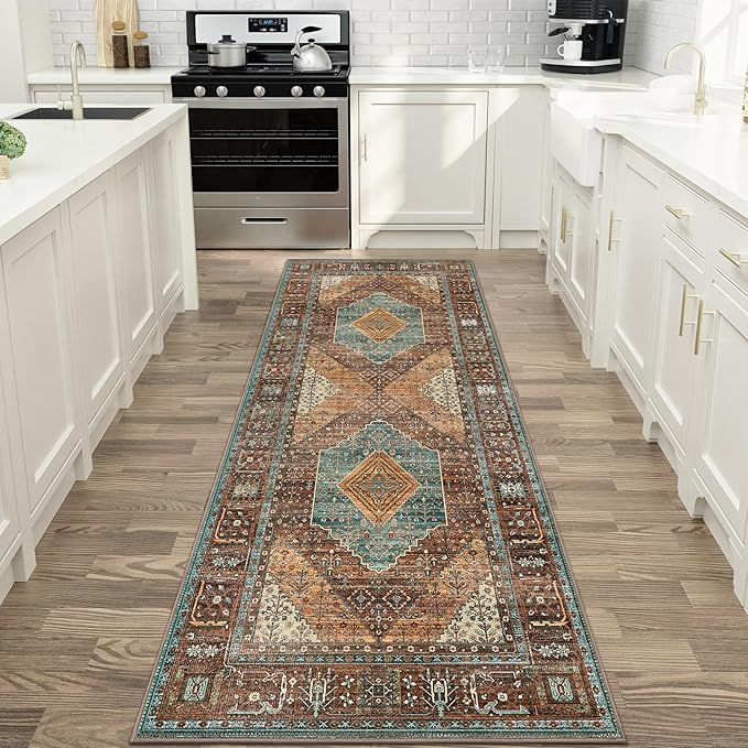 GENIMO Runner Rug 2x10,Hallway Runner Rug Non Slip, Machine Washable Low Pile Lightweight Retro Carpet for Living Room, Entryway, Bedroom, Kitchen and Passage, Brick RED