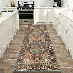 GENIMO Runner Rug 2x10,Hallway Runner Rug Non Slip, Machine Washable Low Pile Lightweight Retro Carpet for Living Room, Entryway, Bedroom, Kitchen and Passage, Brick RED