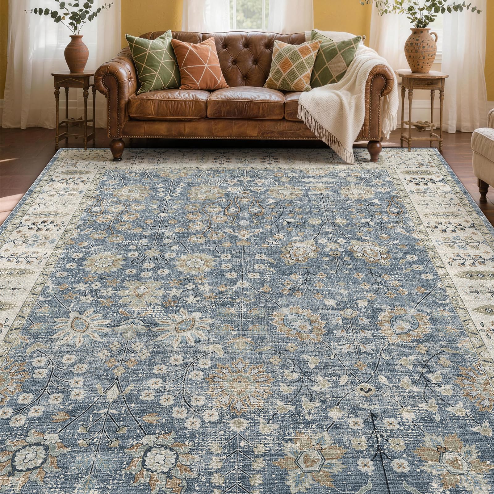 XSIVOD Blue Living Room Rug, Washable Boho Area Rugs for Bedroom, Non Slip Vintage Rugs for Dining Room Home Office, Soft Low Pile Floral Rug Accent Floor Carpet for Home Decor, 150x210 cm