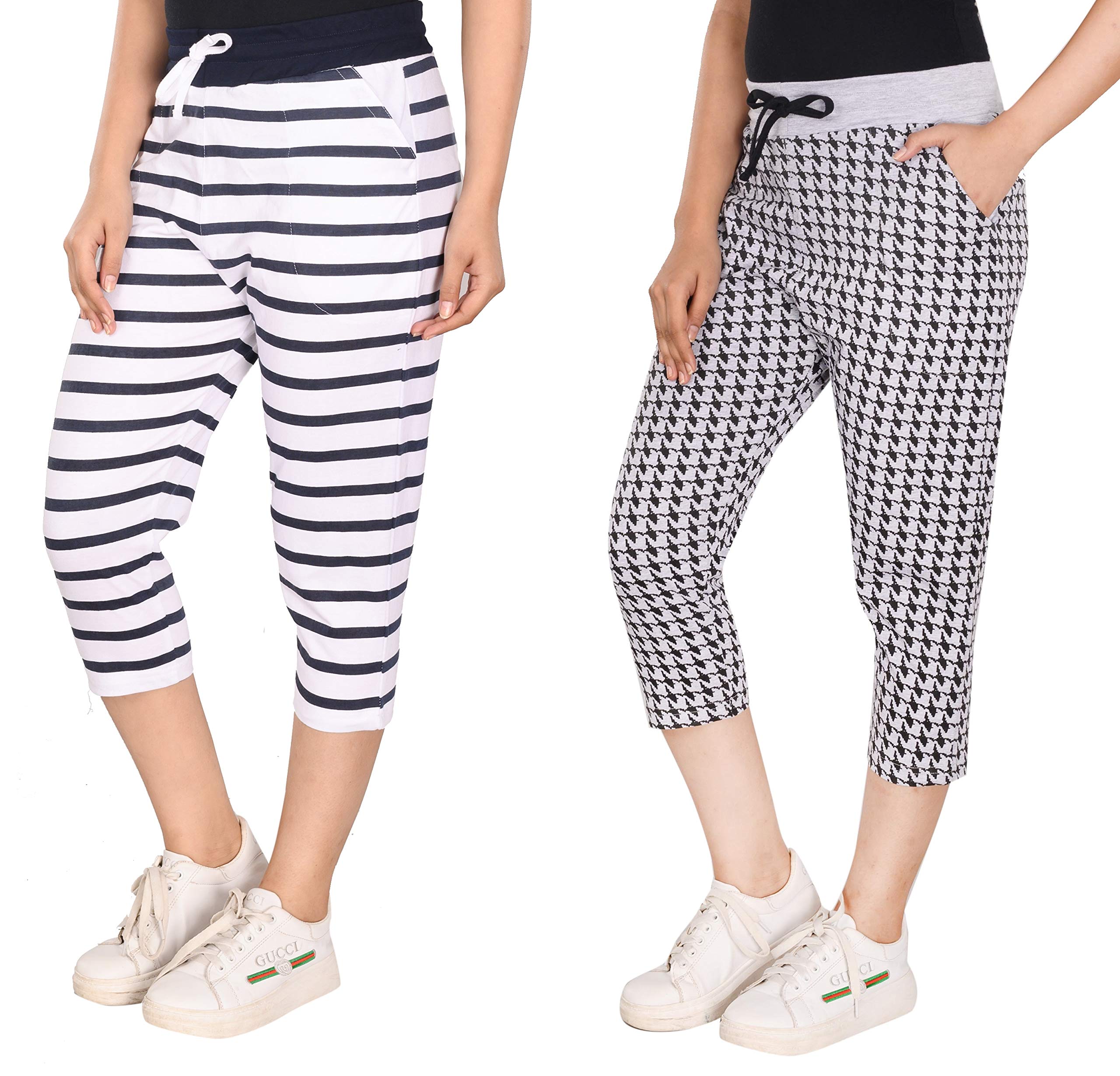 STYLEAONE Women Cotton Printed, Grey & White Capri (Pack of 2)