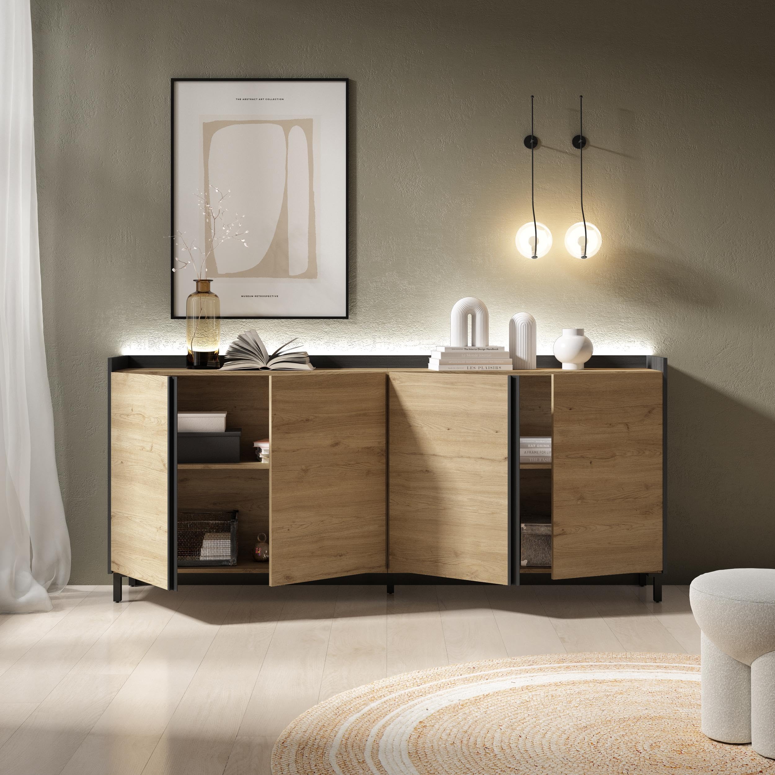 Skraut Home | Aparadores para salón | Gran Capacidad de almacenaje | 207x91x35 cm | 4 Puertas | Diseño Industrial | LED | Estilo Moderno | Roble y Negro