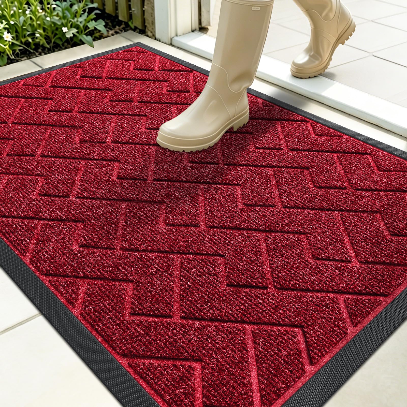 OLANLY Front Door Mat Outside 35x23, All-Season Absorbent Rubber Doormat | Wine Red, Heavy-Duty, Stain Fade Resistant, Waterproof Non-Slip Backing, Low-Profile Indoor Outdoor Floor Mat for Entryway