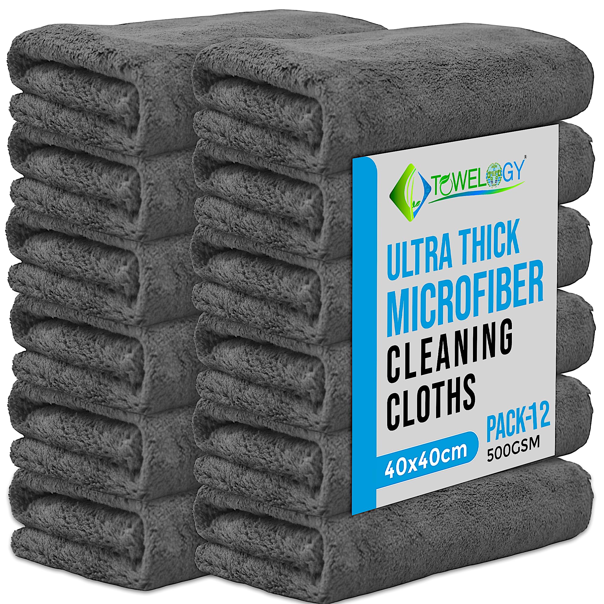 Towelogy® Ultra Thick Microfibre Cloths 500GSM Super Absorbent Large Microfibre Cleaning Cloths for Kitchen, Mirrors, Glass, Bathroom and Household 40x40cm (12, Grey)