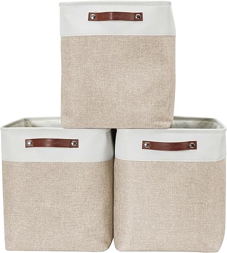 Miniatura 24 de DECOMOMO Cestas de almacenamiento para estantes, contenedores de almacenamiento de tela, organizadores de armario de lino y almacenamiento (beige y