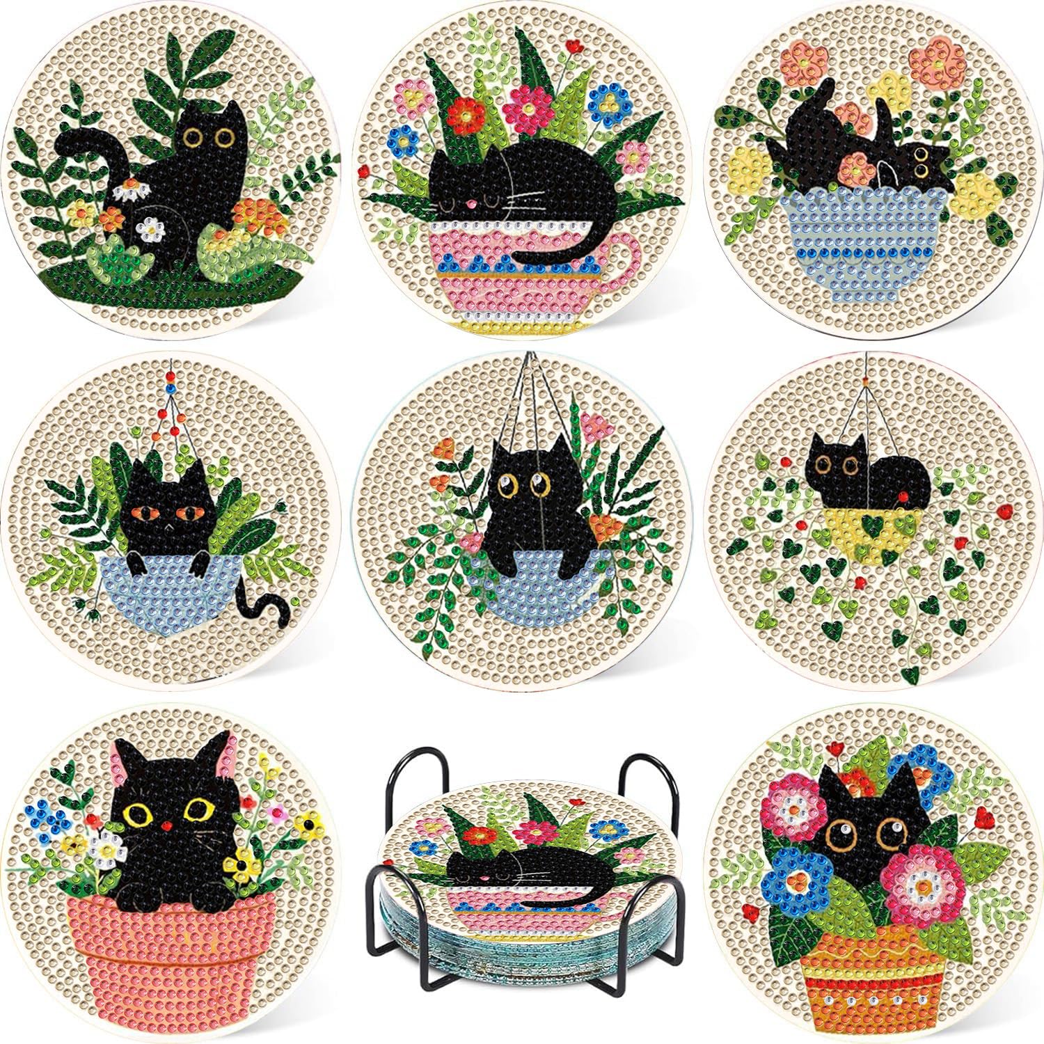 8 Pcs Cat Diamond Art Coasters Kit with Holder, Cat Diamond Painting Coasters Complete Kit, Gem Art Coaster for Women, Teens and Beginners, Relaxing DIY Craft Gift