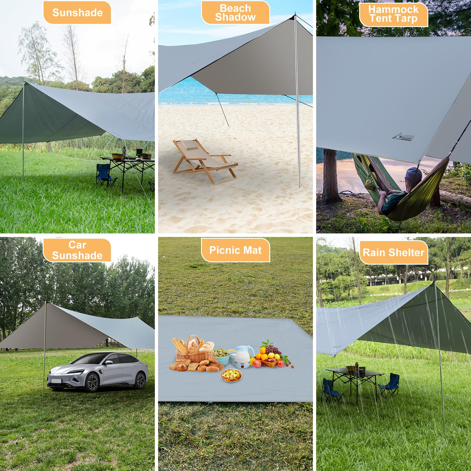 WADEO Lona para Tienda de Campaña 3,6 x 4,8 m, Lona para Camping con Postes + Estacas + Cuerdas tensoras, Impermeable, Ultraligera y Anti-UV, Ideal para Acampar Senderismo Picnic al Aire Libre - Gris