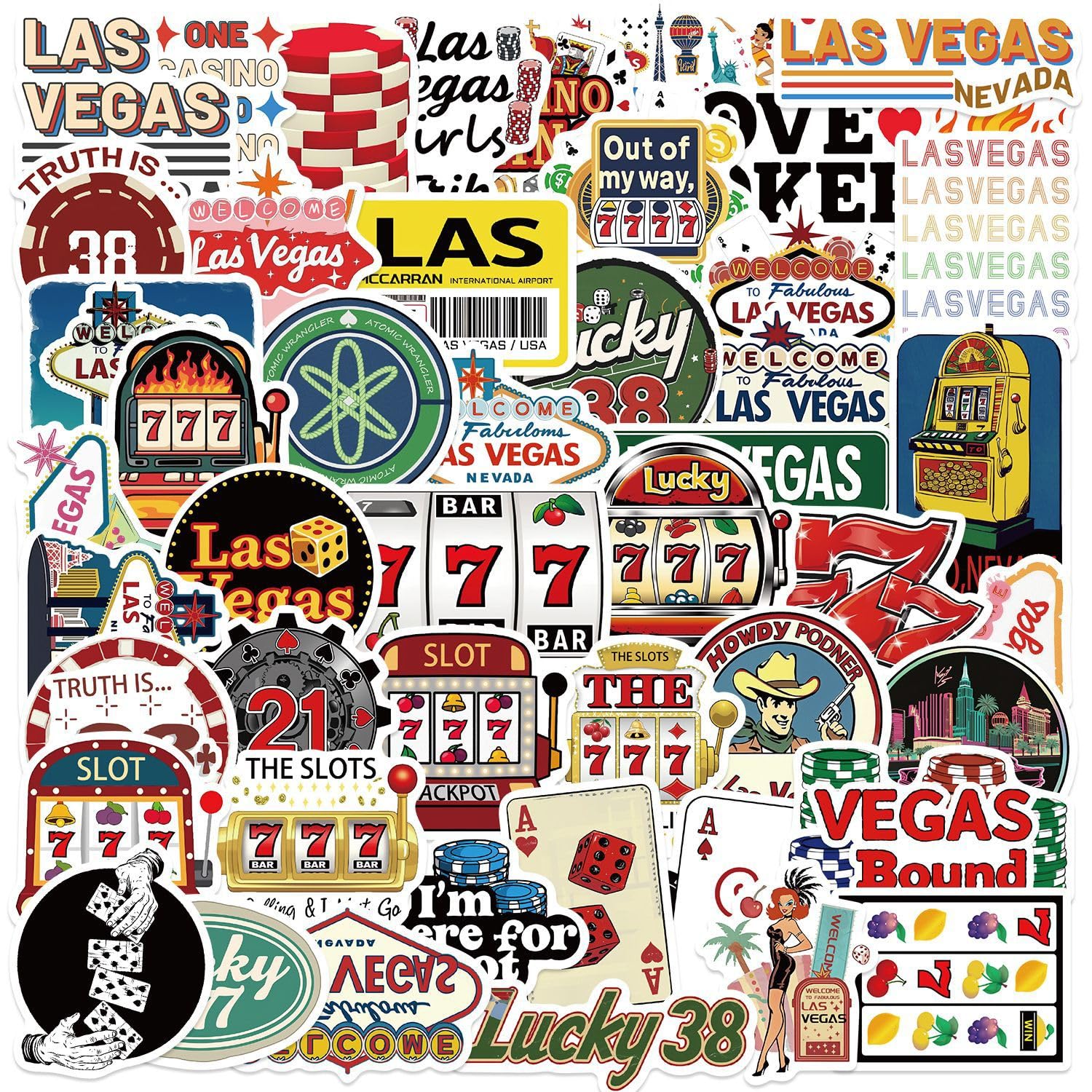Las Vegas Stickers 50 Pcs Vinyl Cartoon Funny Gambling Stickers for Laptop Skateboard Helmet Phone Computer Water Bottle Car Bike Luggage,Waterproof Aesthetic Nevada Travel Sticker for Adults Teens