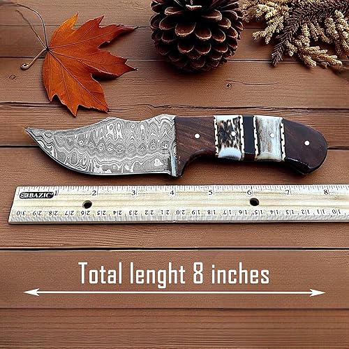 Miniatura 6 de WINTERFELL Cuchillo de caza de damasco con mango de cuerno de ciervo personalizado con funda, regalo personalizado grabado para cazador, regalo