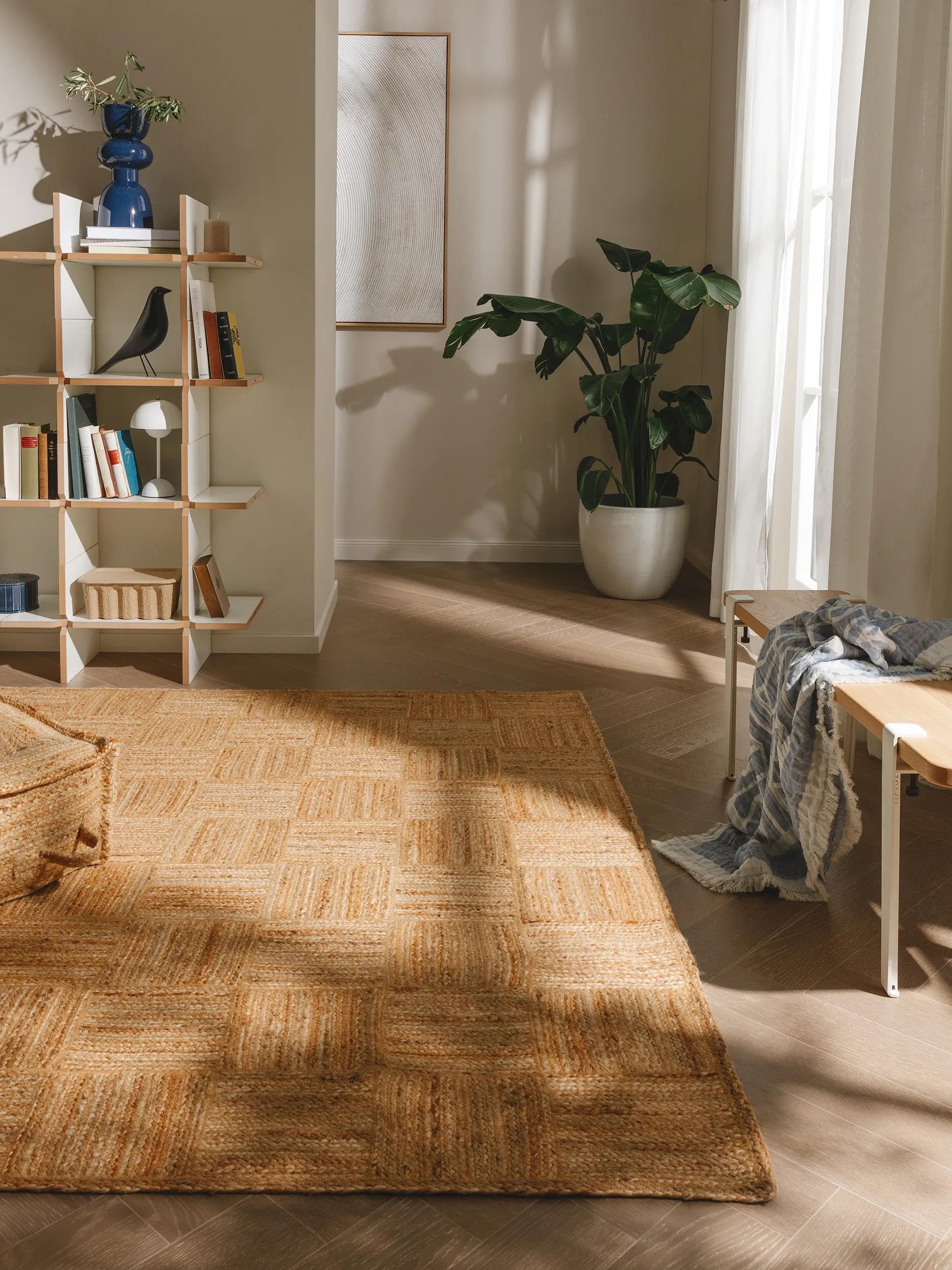 benuta Pure Jute Teppich Jutta - Natur 60x100 cm - Handgewebter Wohnzimmerteppich - Natürliches Boho Design - Für Fußbodenheizung geeignet