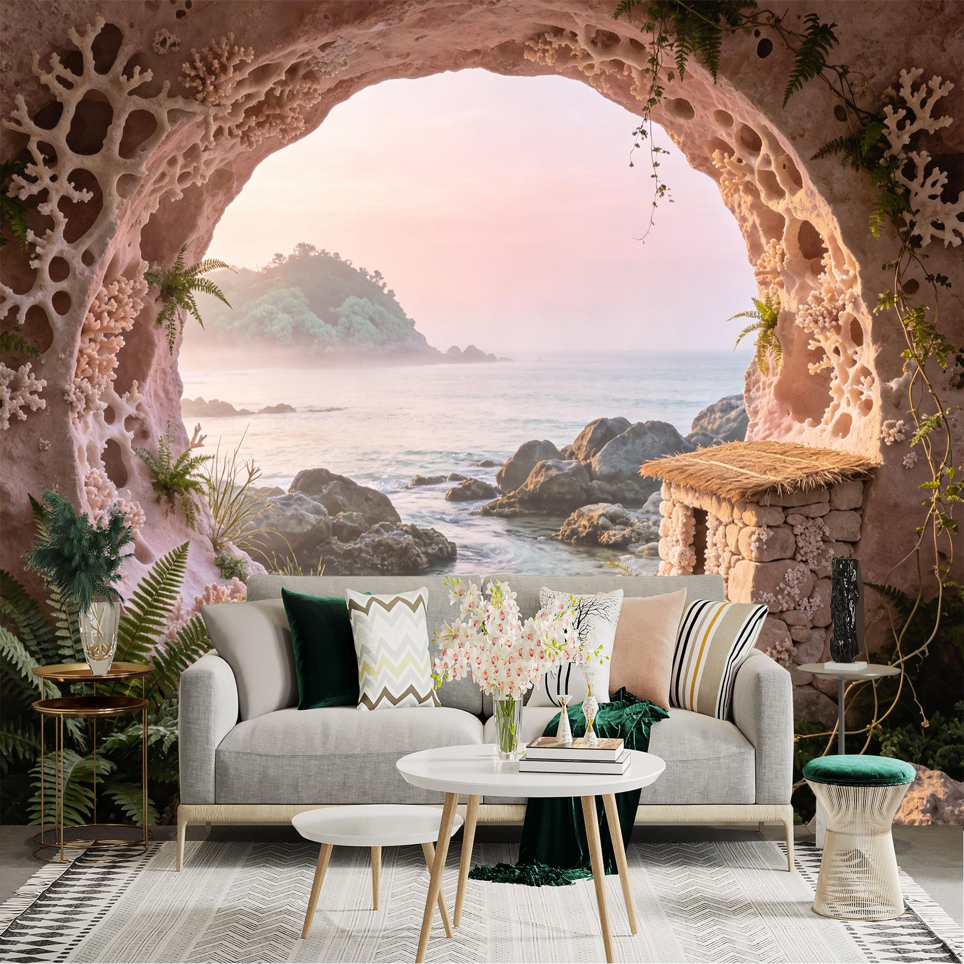 Custom Size Wall Sticker Mural， Coral Cave Window View of Ocean and Sunset Coast， for wall Decoration， peelandstick wall Decals.