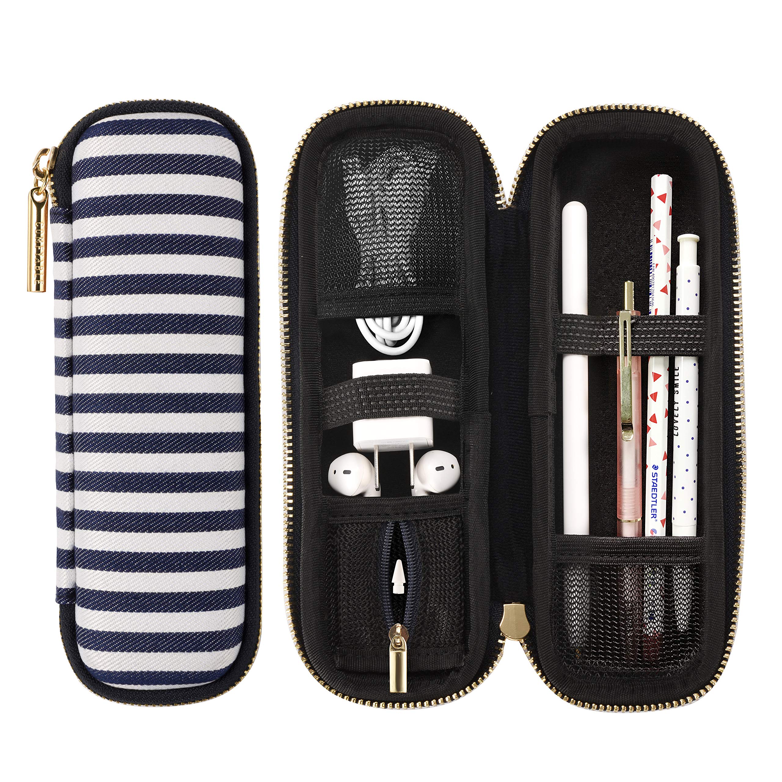 ComfyablePencil Holder Pencil Case for Apple Pencil, Pen Accessories Elastic Strap Sleeve Protective Carrying Case for AirPods with Mesh Pockets, Blue Stripes