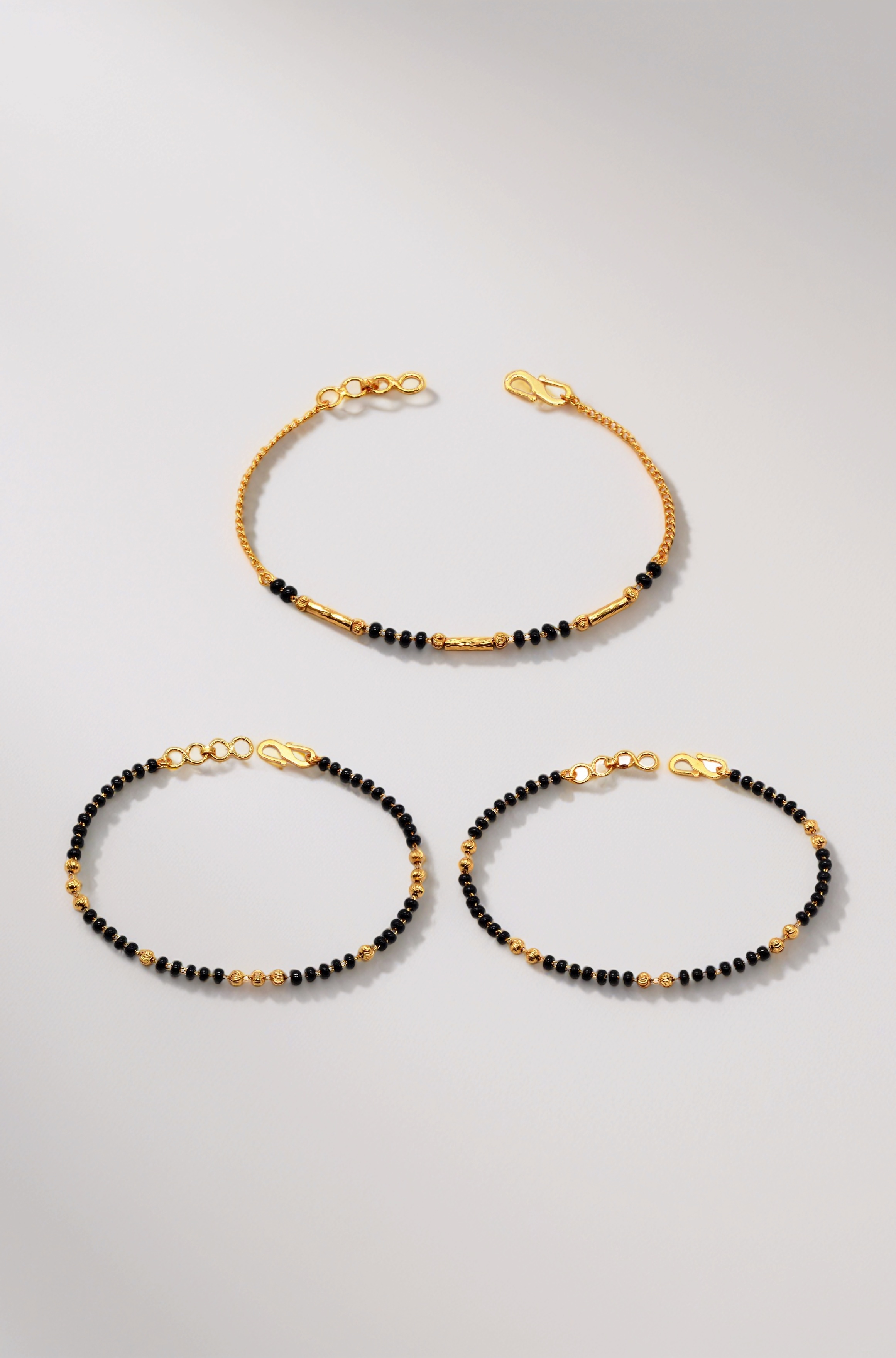 Golden Gold-Plated Brass Bracelet 3 pis Combo for Women (Black Bead Hand Mangalsutra Bracelet)