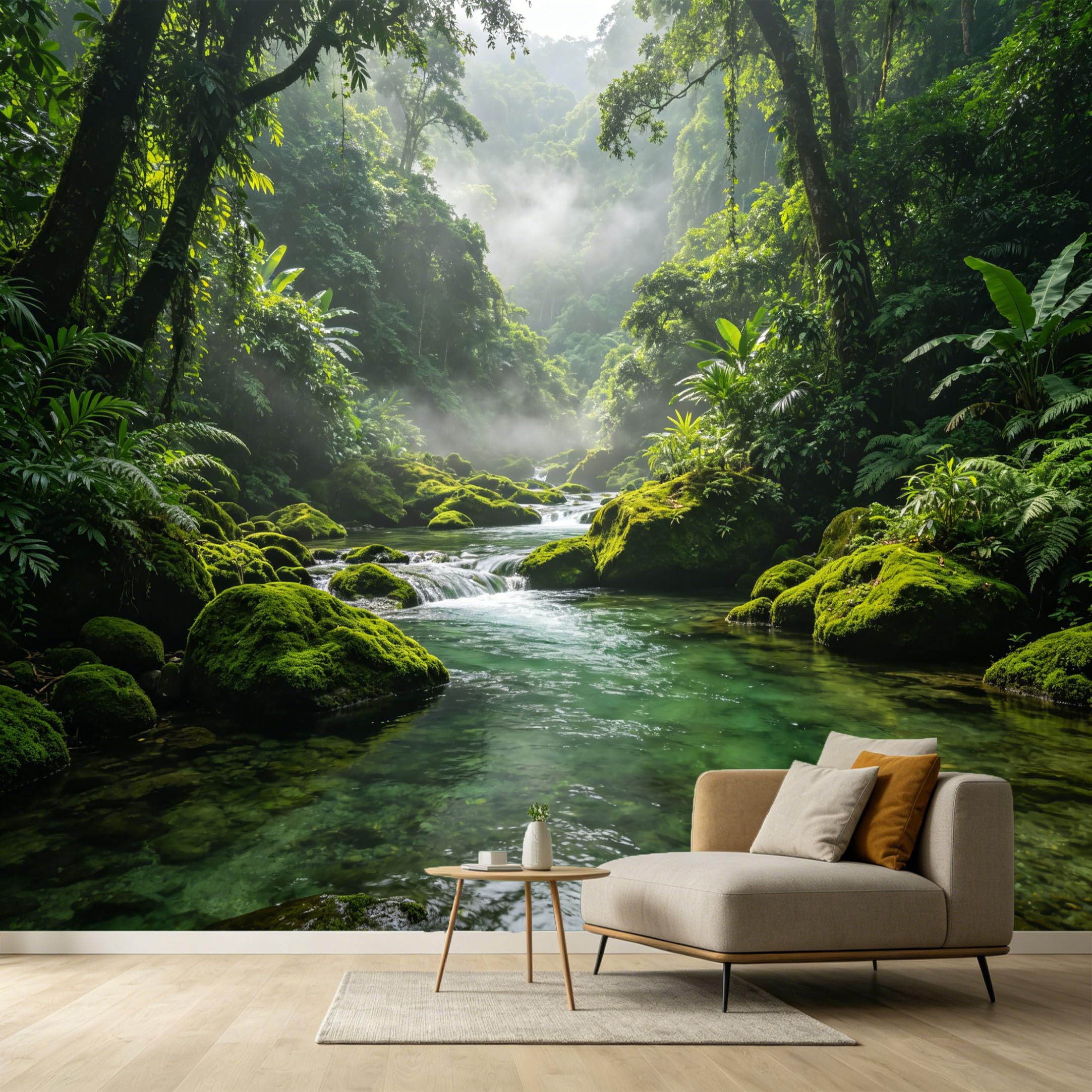 Custom Size Wall Murals Misty Rainforest River Landscape Tropical Botanical Elements SelfAdhesive Wall Fabric Removable Large Wallpaper for Photo Living Room