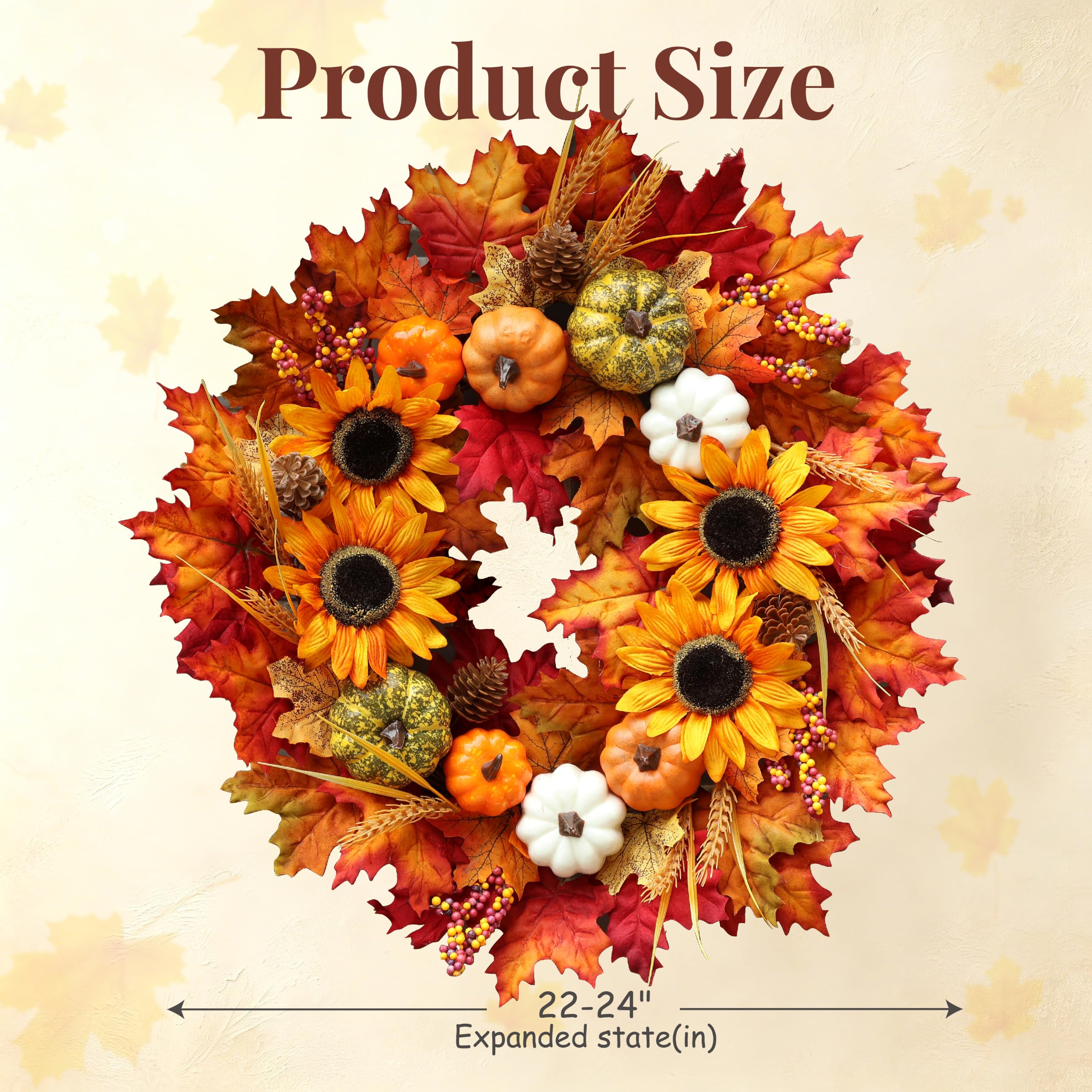 Couronne d'automne de tournesol pour porte d'entrée avec feuilles d'érable | Couronne d'automne artificielle avec pommes de pin pour Thanksgiving, Halloween, décoration de fenêtre, mur, ferme