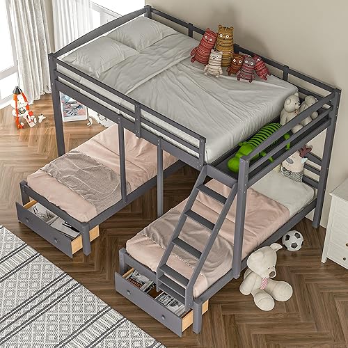 Miniatura 92 de Litera triple de madera maciza con cajones de almacenamiento y escalera, base de litera resistente con barandillas de protección para niños y