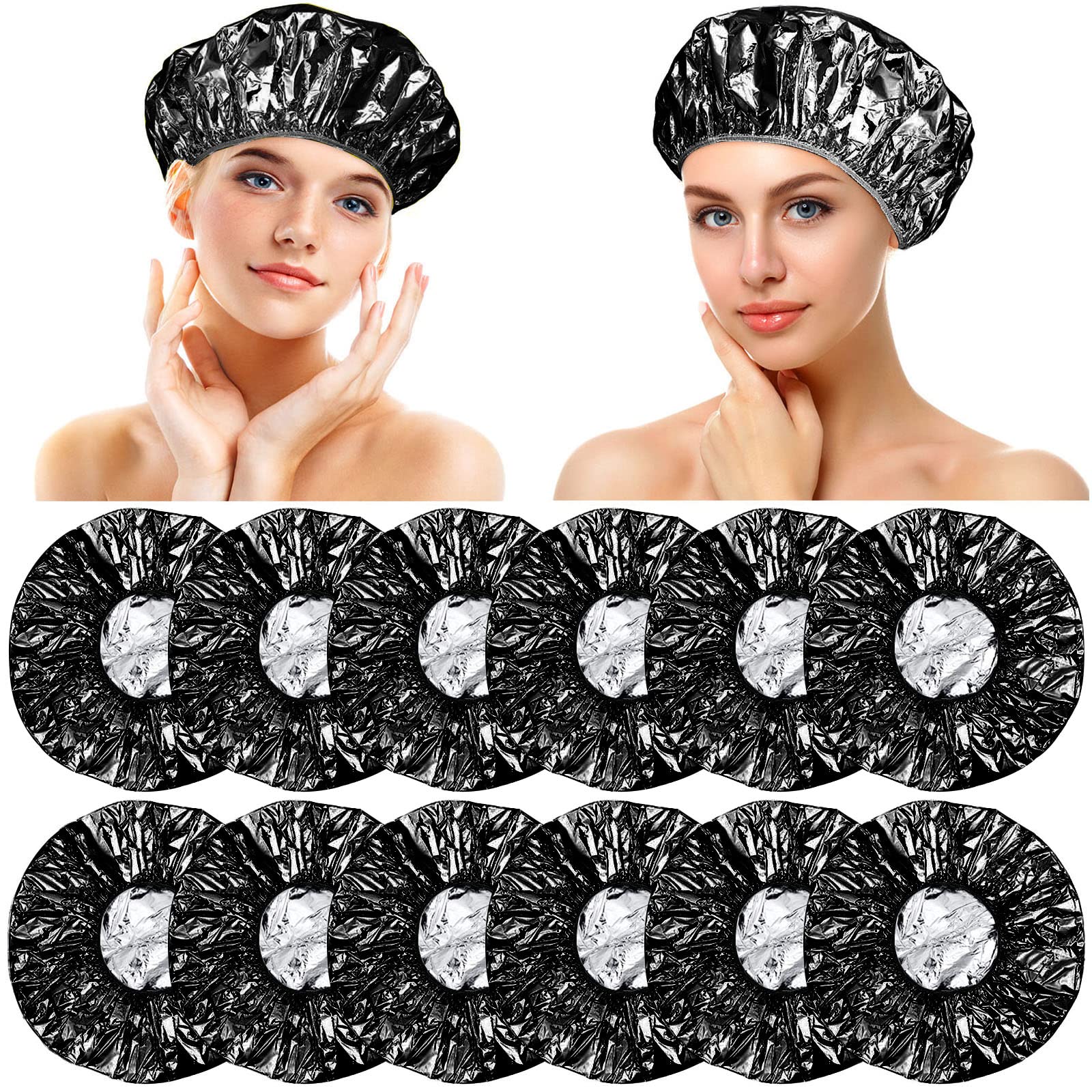 Photo 1 of 12 Pieces Deep Conditioning Caps Aluminum Foil Reusable Hair Processing Hair Coloring Shower Caps for Home Salon Use(12 Inch,Black)