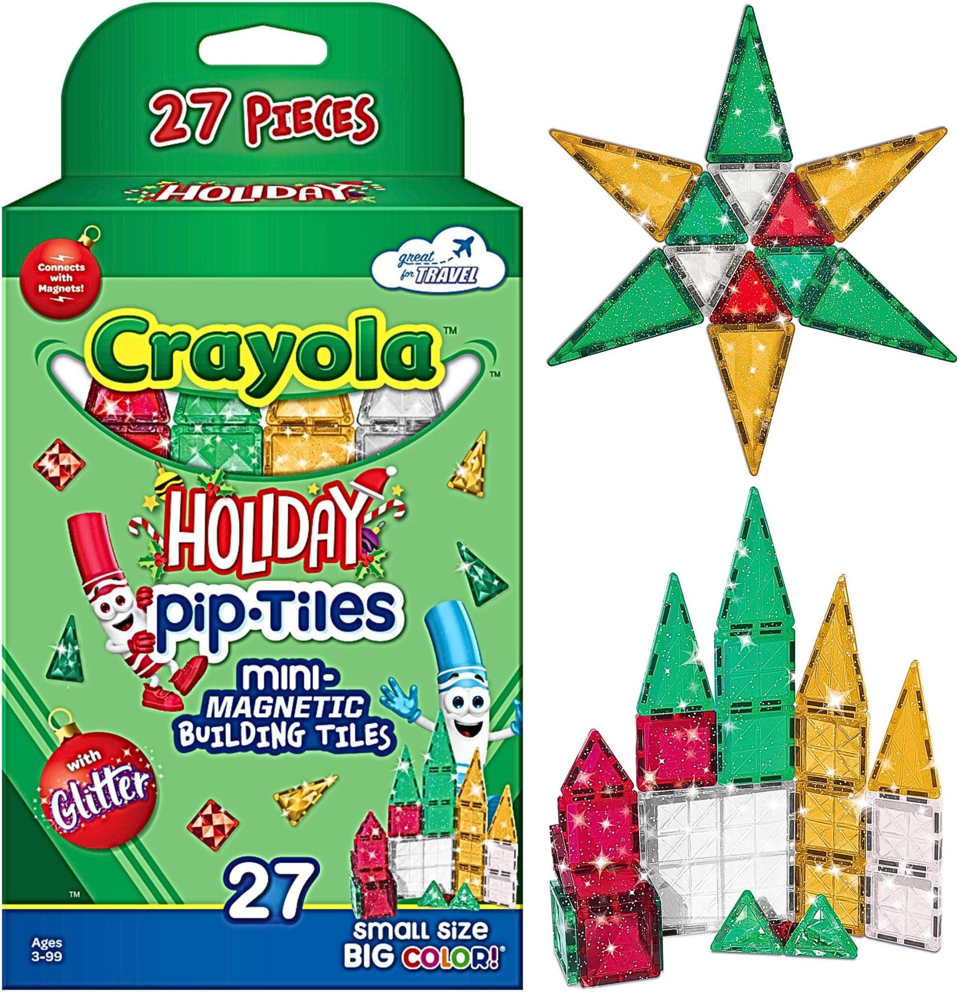 Crayola Holiday Glitter Mini PIP Magnetic Tiles, Magnetic Kidsโ Building Toys, STEM Learning Travel Toys for Boys and Girls, 27-Piece Set