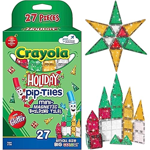 CreateOn Crayola Holiday Glitter Mini Micro Nano PIP Magnetic Tiles, Magnetic Kids’ Building Toys, STEM Learning Travel Toys for Boys and Girls, 27-Piece Set