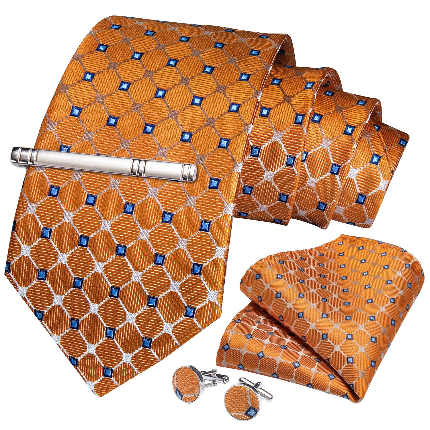 DiBanGuPlaid Tie Men's Silk Tie and Pocket Square Cufflinks Tie Clip Set Wedding Business - orange - One size
