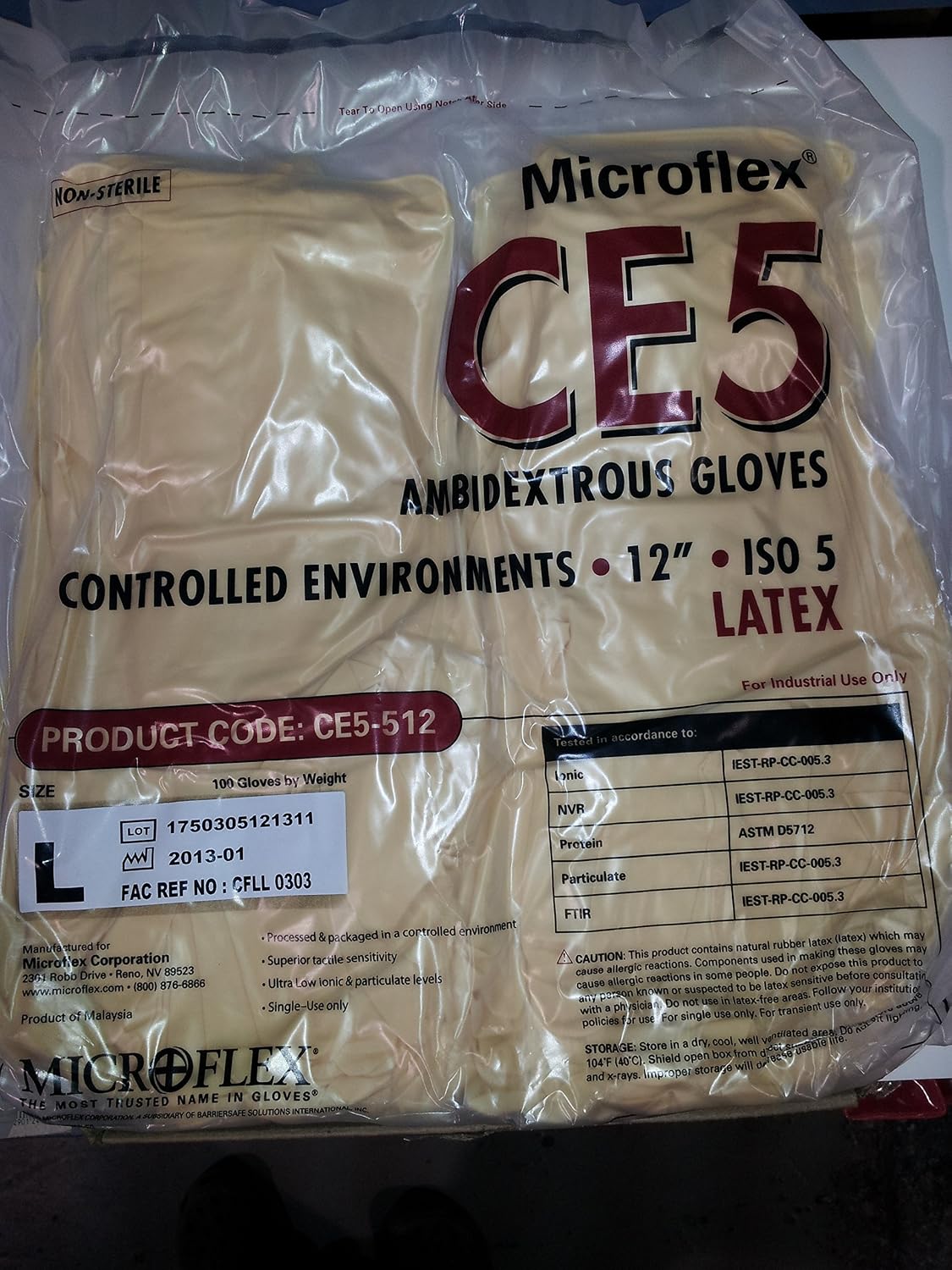 Microflex CE5 Latex Glove, Powder Free, 6.3 mils Thickness, 12" Length, Extra Large (Box of 1000)