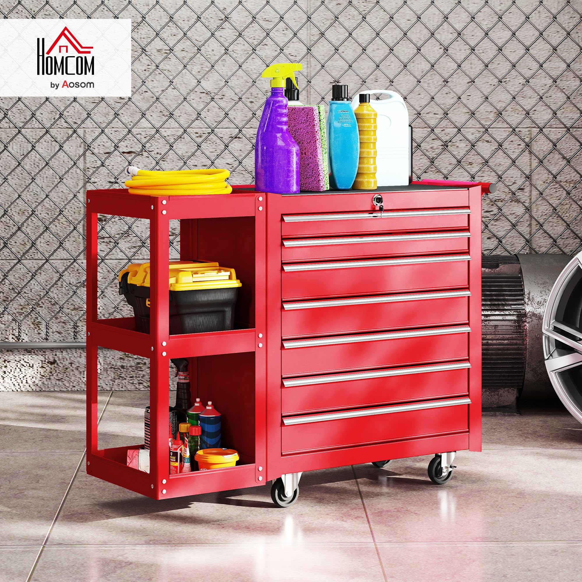 HOMCOM Carro de Herramientas con 7 Cajones, Carro de Taller con Estantería de 3 Niveles Desmontable, Sistema de Cierre Central, Asa, 2 Ruedas con Freno de Bloqueo, Rojo