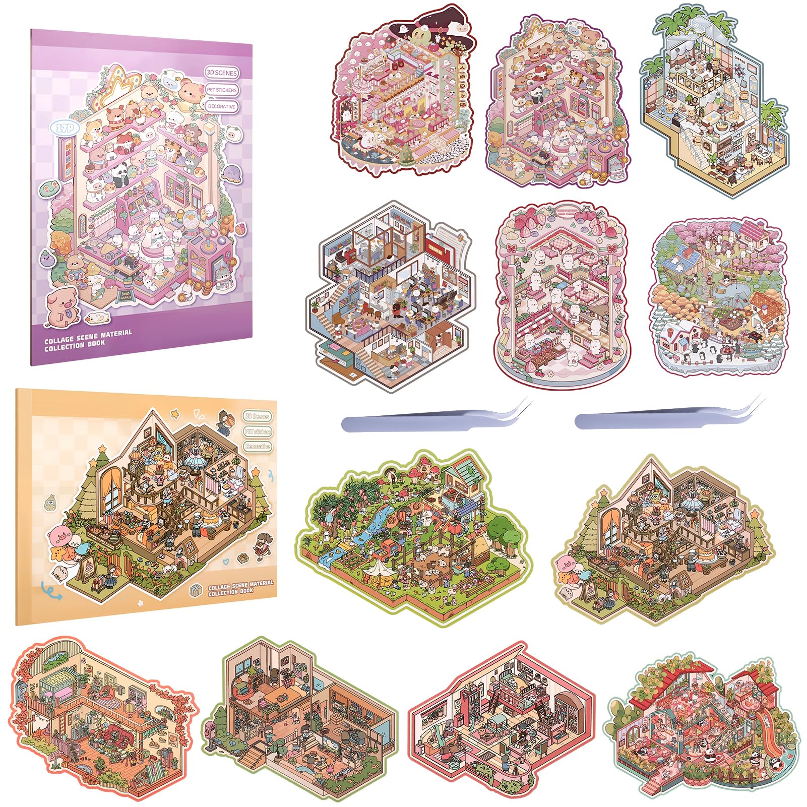 GSrenyu 12 Sets DIY 3D House Stickers,Fun Stickers Scene,Cute 3D Cartoon Scene Sticker Set for Relief Stress,Pass The Time(Yellow+Pink)