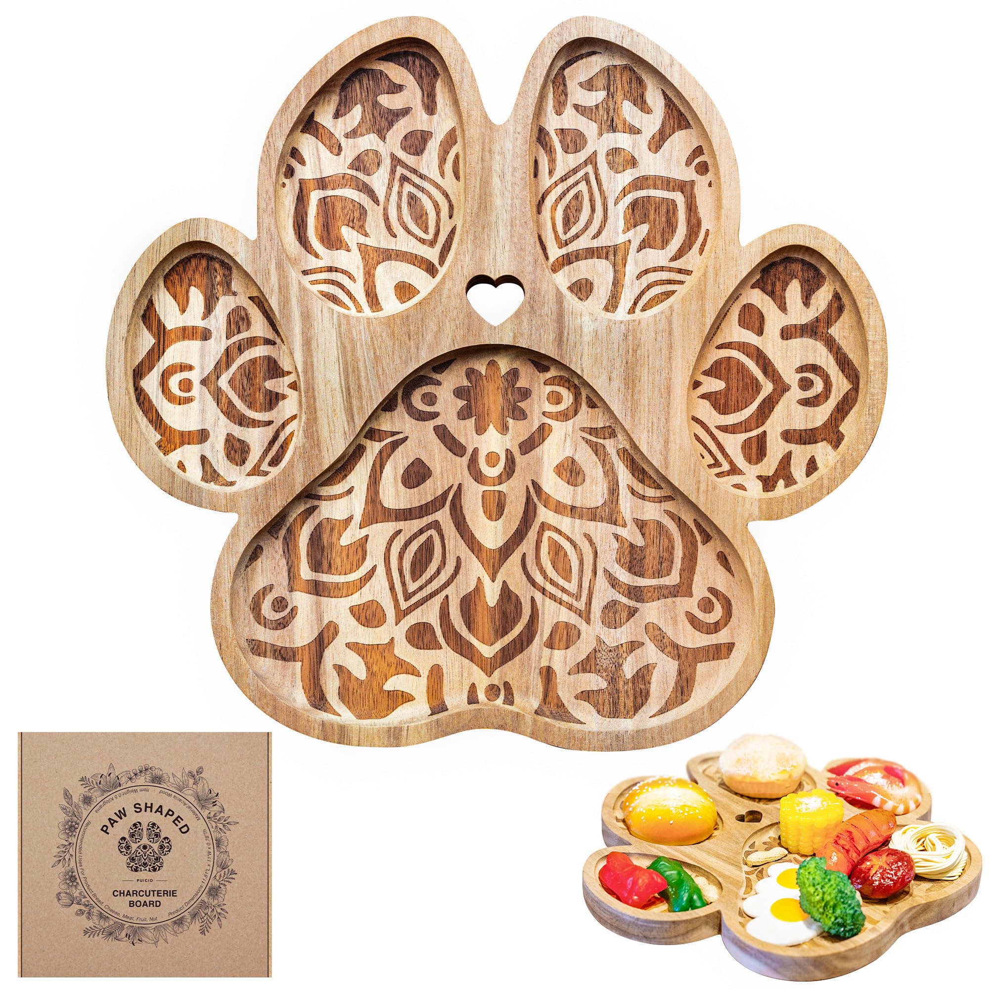 Paw Shaped Charcuterie Board, Acacia Wood Dog Cutting Board 11.8 x 11 Inch Paw Printing Serving Tray Cheese Boards Party Supplies for Christmas