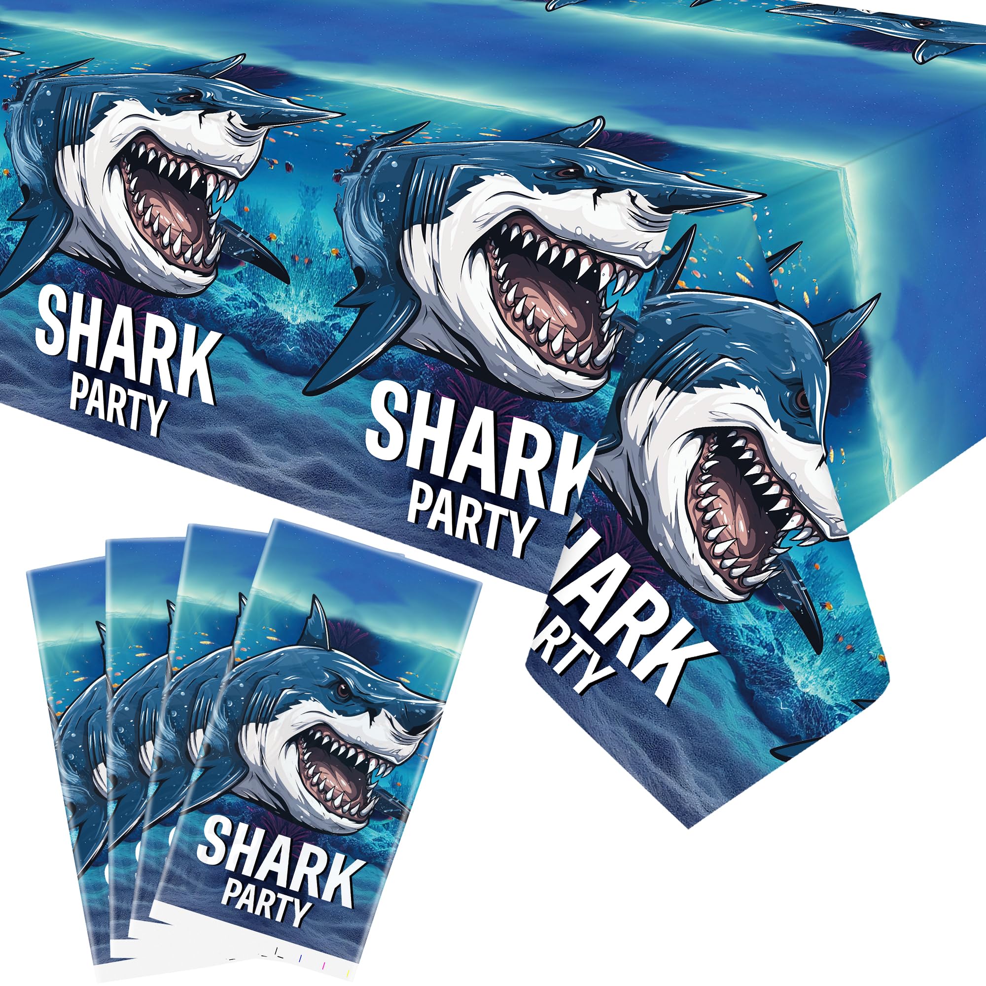 LSJDEER4 Pack Shark Party Tablecloth - Shark Decorative Table Cover Ocean Shark Party Table Cloth, Underwater Shark Themed Party Decoration Supplies (51 x 86 Inches)