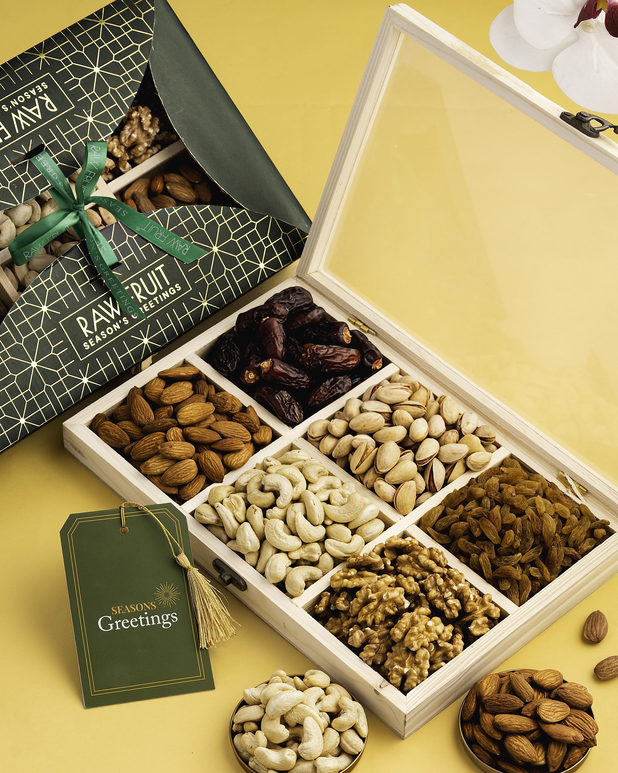 HyperFoods® Eid Mubarak Gift Box Wooden Gifting Box Pack of 6 DryFruits Box Dry Fruits Gift Ramzan Gift Hampers DryFruit Combo Pack DryFruits Gifts Eid Gift Hamper Ramadan Mubarak Gift Hamper