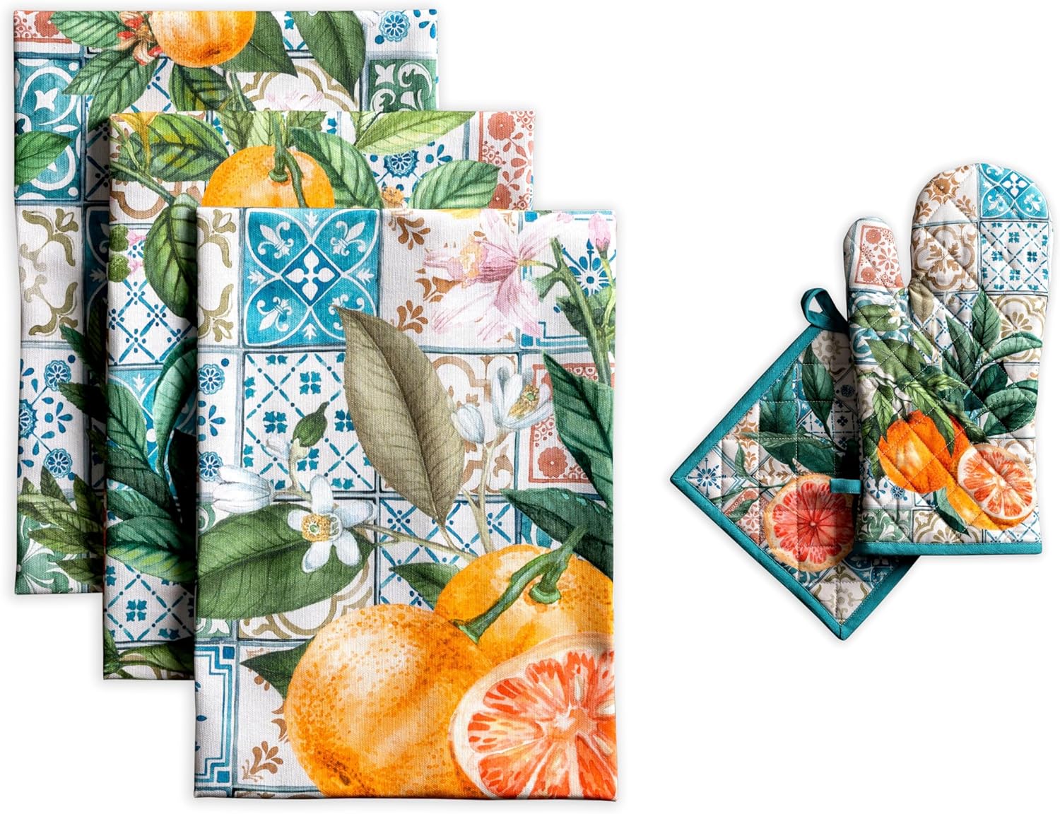 Maison d' Hermine Agrume Bundle Set 100% Cotton Set of 3 Kitchen Towels (20 Inch by 27.5 Inch) and Oven Mitt (7.5 Inch by 13 Inch)/Pot Holder (8 Inch by 8 Inch)