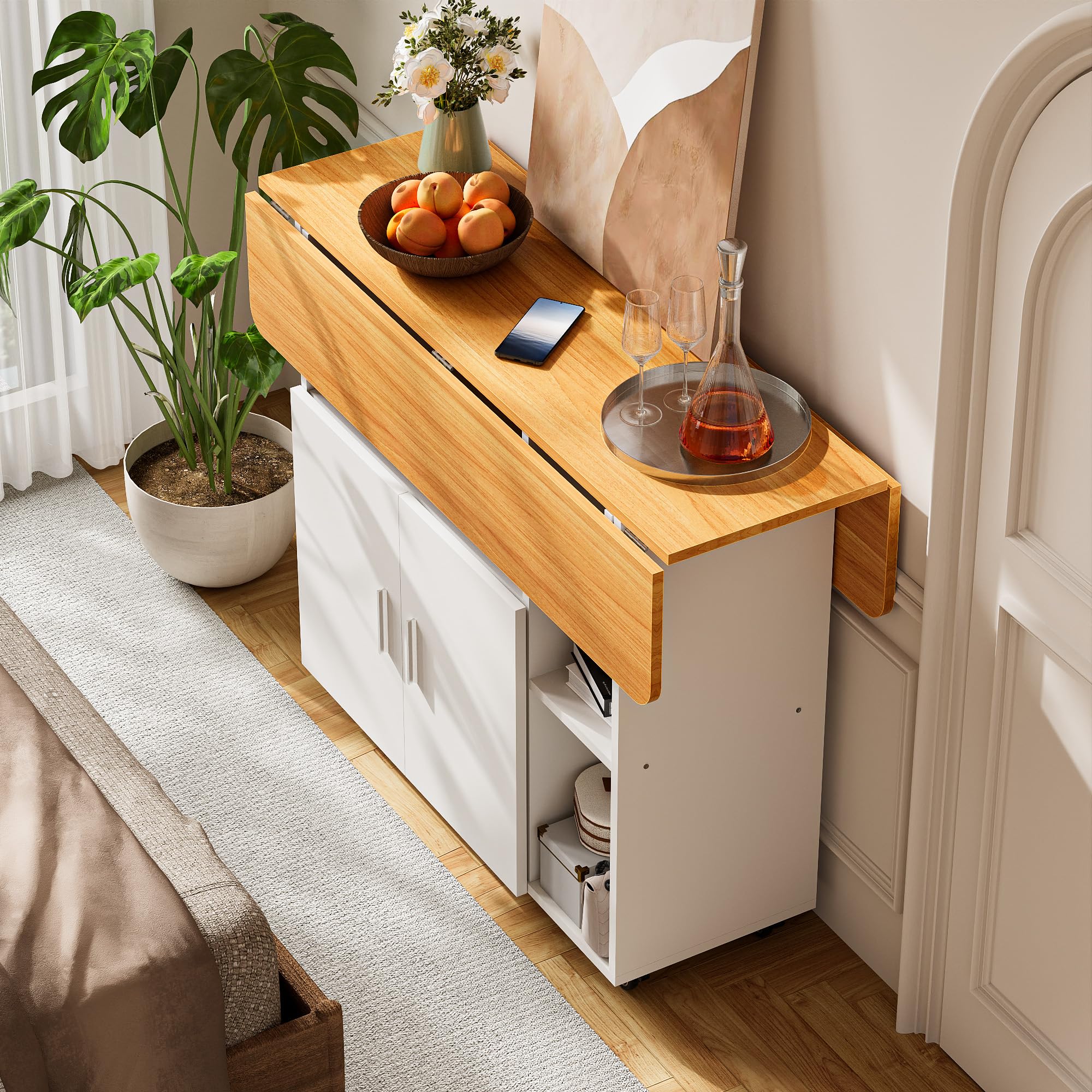Mesa de Comedor Plegable Mesa de Cocina con Ruedas 1 Armario Grande y 3 Compartimento Abierto Aparador móvil Mesas para Espacios pequeños Comedor Cocina 100 x 70 x 79 cm Naranja y Blanco