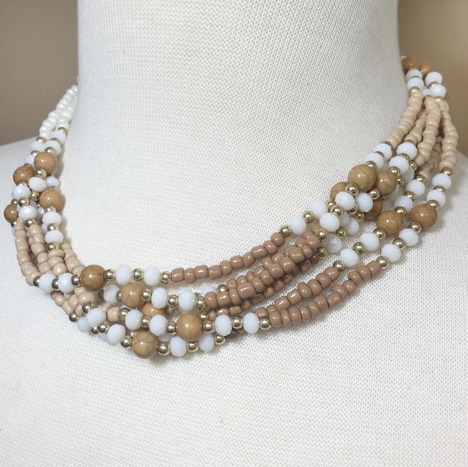 Gypsy Jewels Layered Seed Bead Multi Strand Statement Necklace & Dangle Earrings Set (Brown & White)