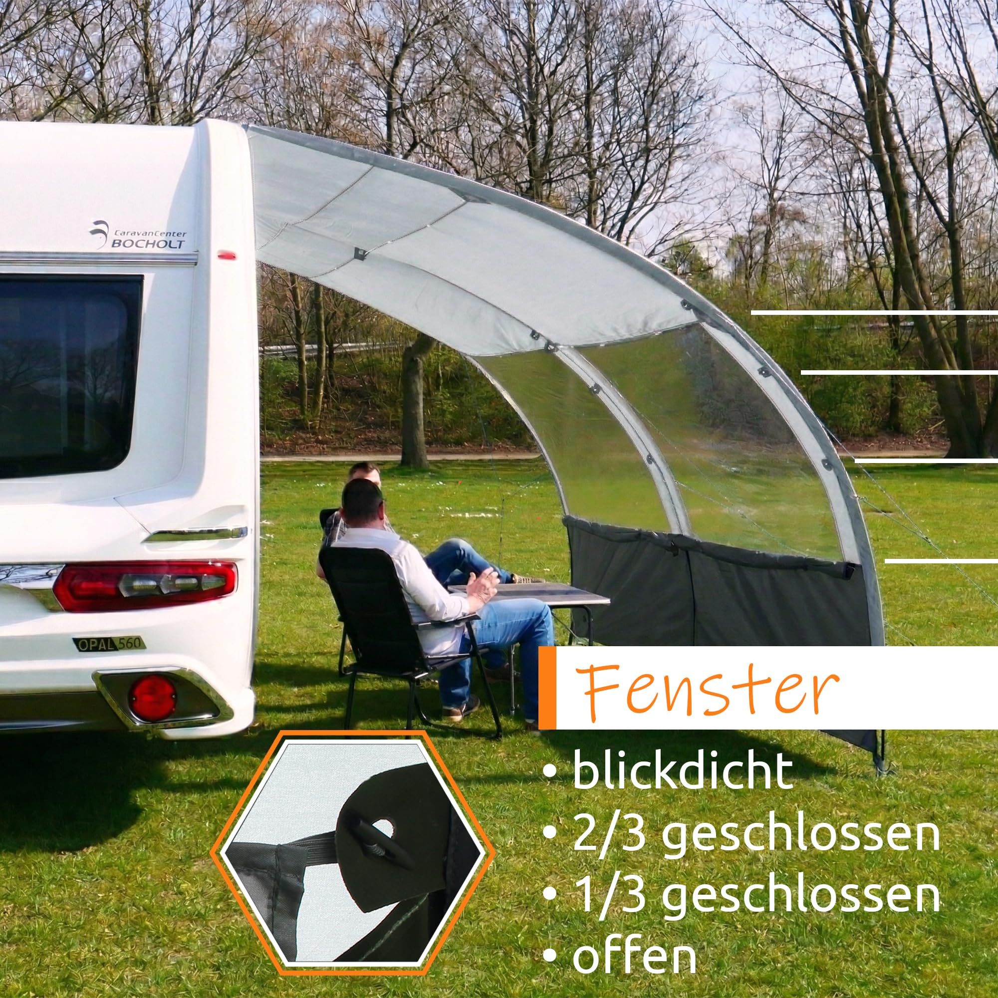your GEAR Riviera Auvent pour caravane et camping-car en 4 tailles avec 2 m, 2,5 m, 3 m, 3,5 m de large et 260 cm de profondeur. Toit pare-soleil avec UV 50+, fenêtres panoramiques, colonne d'eau 3000