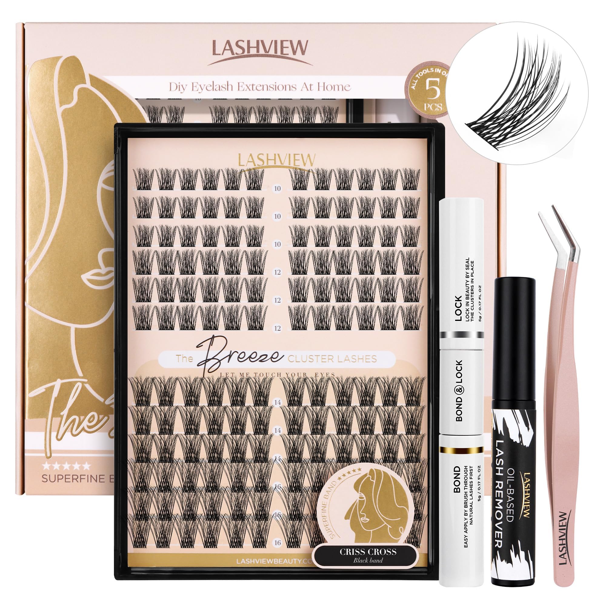 LASHVIEW DIY Lash Extension Kit, Volume Cluster Lashes with Lash Bond, Seal, Remover, Applicator, Curler, Black, Vegan, Lightweight, Flexible, Durable, Natural Appearance