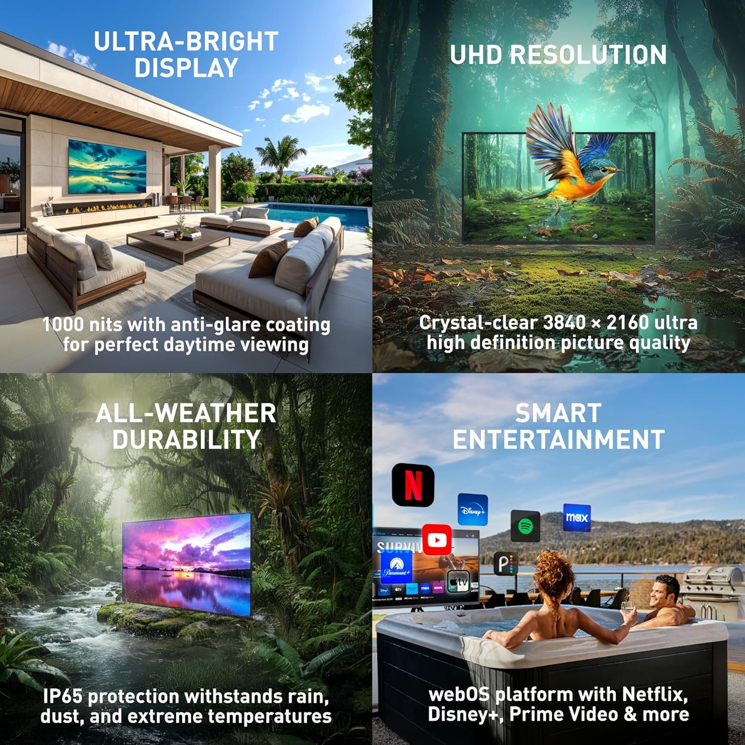 SONAGI Helios 55” Outdoor TV - Anti-Glare, IP65 Water, Dust Resistant Television with 1000-Nit Brightness for Direct Sun All Weather Viewing - Weatherproof 4K UHD Smart TV for Patio and Outside