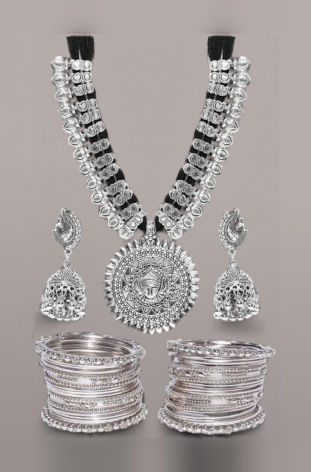 Jewellery Sets for Women Silver Plated Afghani Tribal Necklace Jewellery set with Earrings and Bangles Combo For Girls/Women