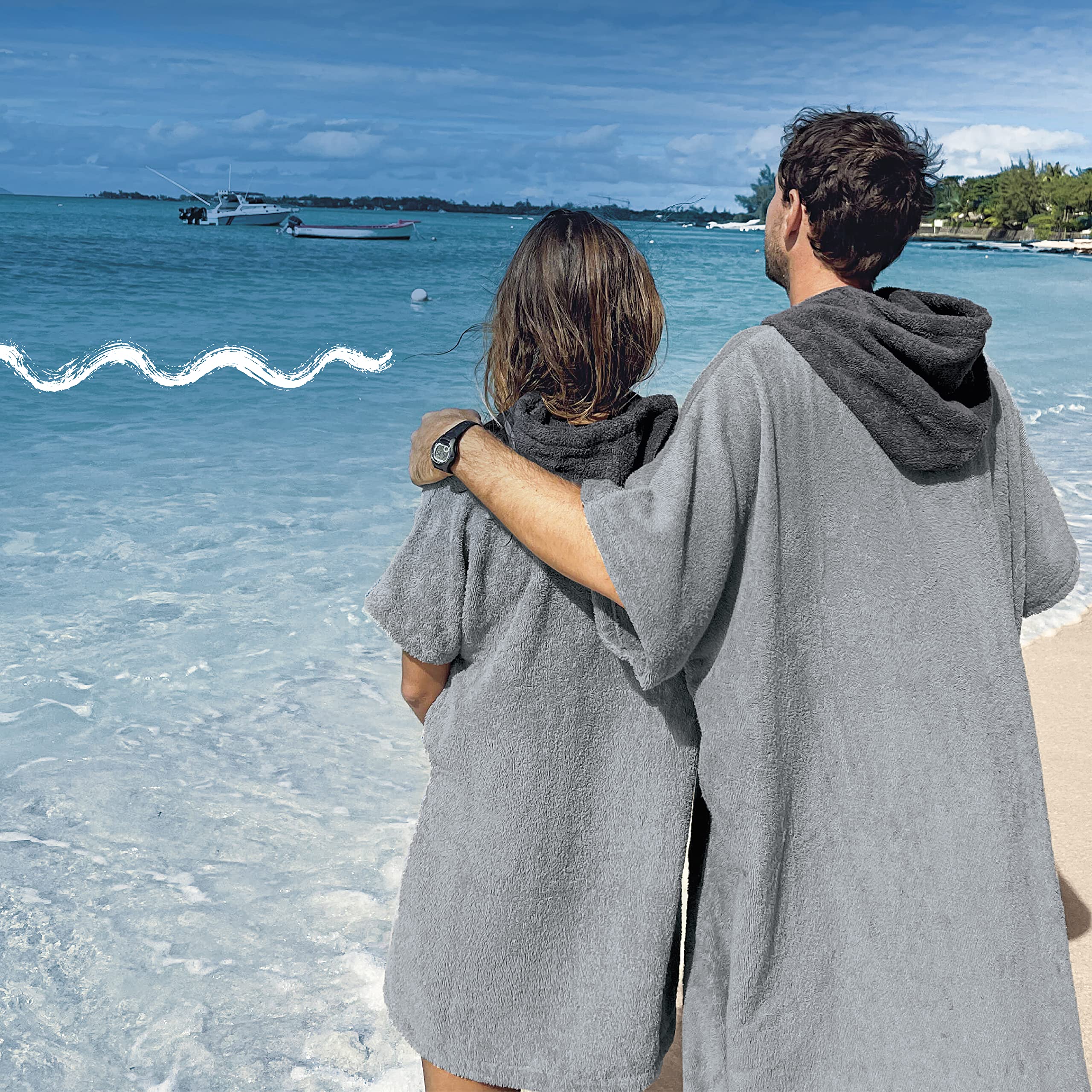 Poncho kąpielowe i sportowe - L/XL - 100% bawełna frotte - damskie poncho, męskie poncho, dla dorosłych i dzieci - idealne na plażę, basen i basen oraz ręcznik - jasnoszare