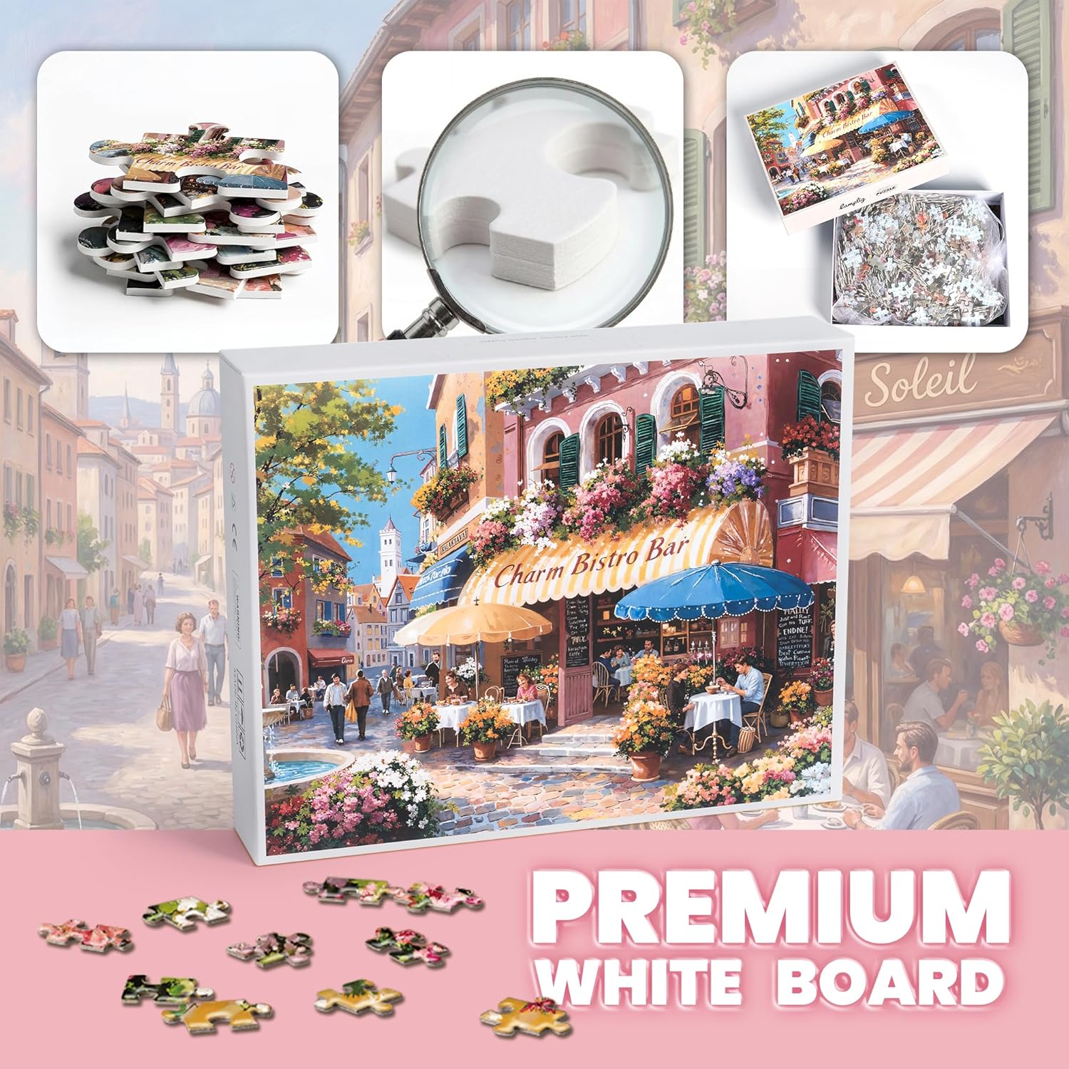 Puzzles for Adults 1000 Pieces, Spring Italy Bistro Flower Street Landscape,1000 Piece Puzzle for Adults Seniors, European Hard Jigsaw Puzzles with Letters on Back, 1:1 Poster