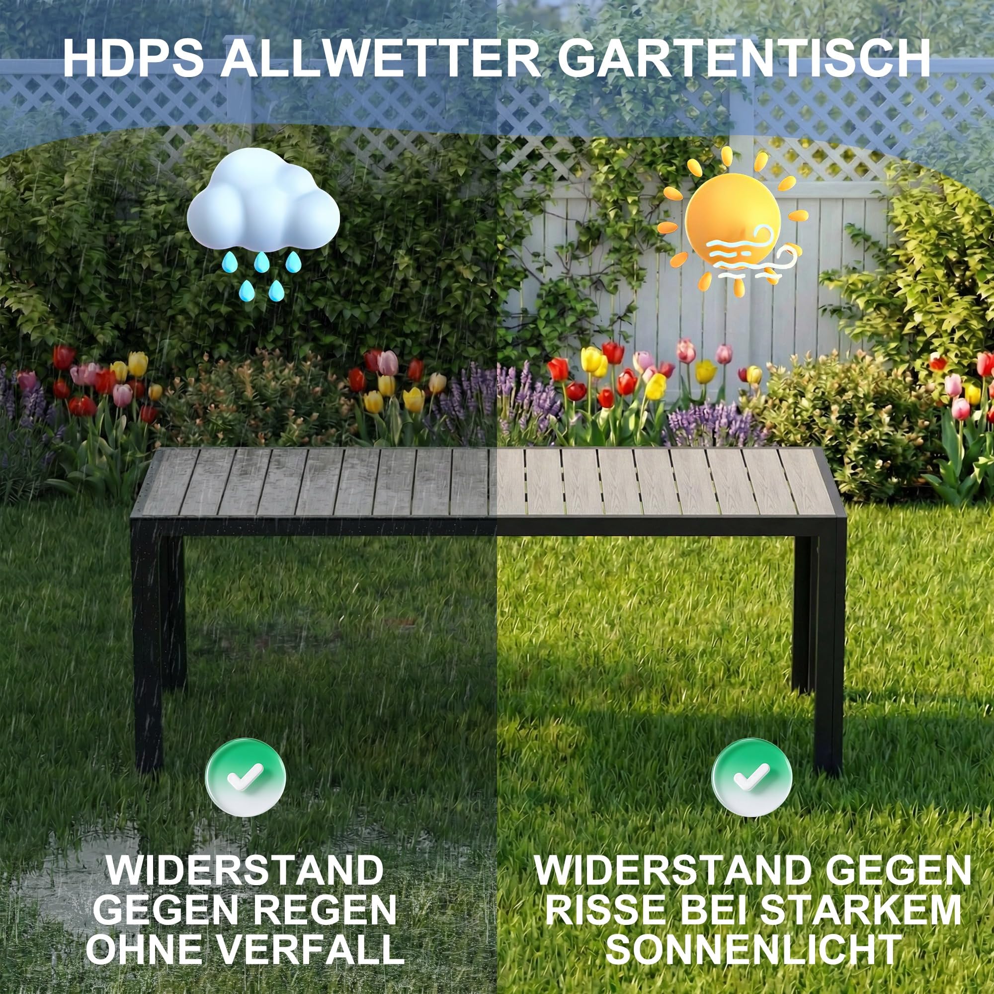 Devoko HDPS wetterfester Gartentisch, 189 x 80 x 74 cm Aluminium-Tisch für den Außenbereich mit Holzmaserung, pflegeleicht, Esstisch für 6 bis 10 Personen (grau)