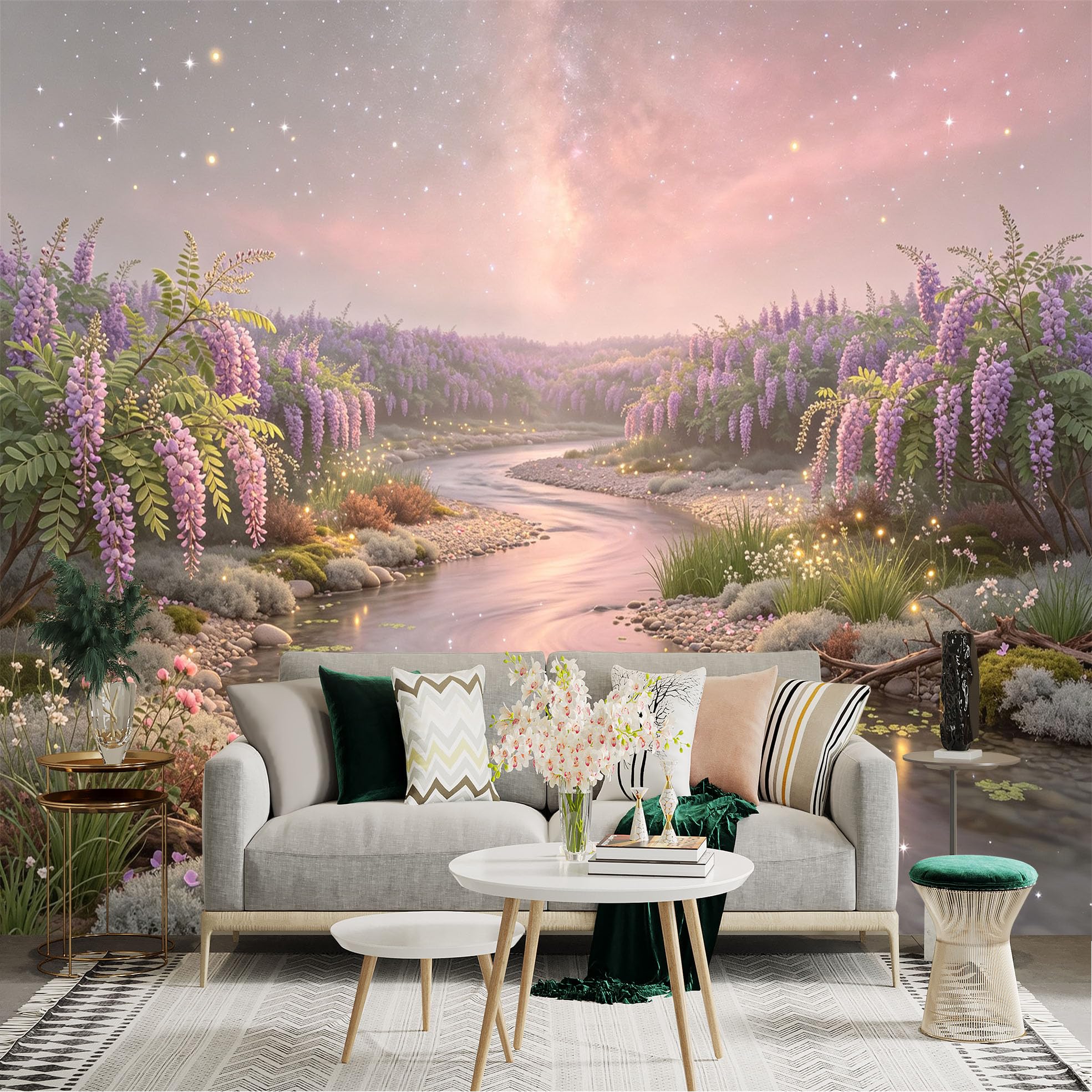 Lnzczhyre Bh260719175 Custom Size Wall Sticker Mural， Wisteria Flowers By A Flowing River， Magical Sunset Landscape， Enchanted Garden Scene， For Wall Decoration， Peelandstick Wall Decals.