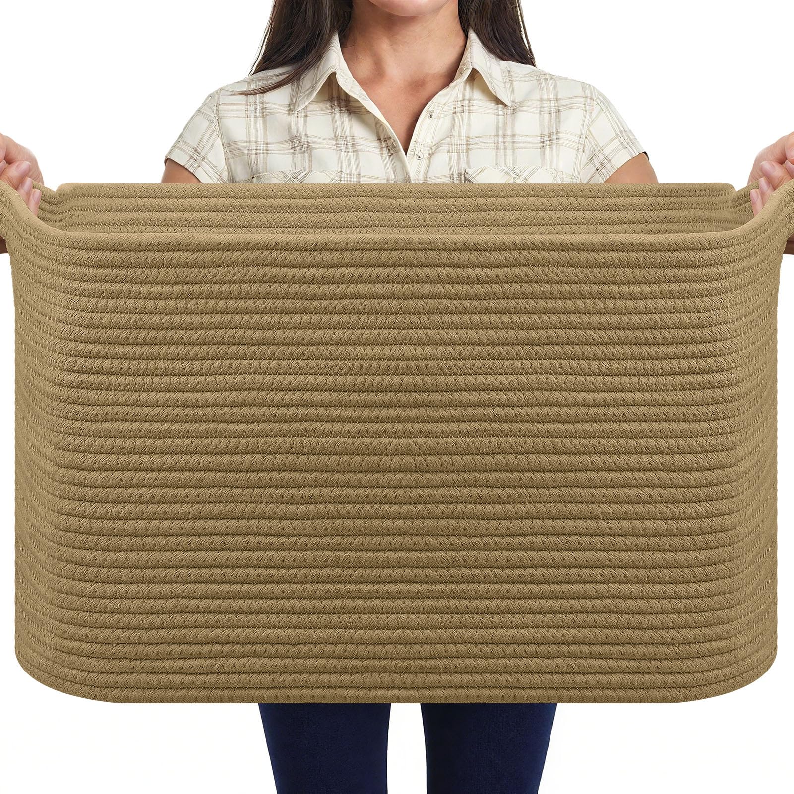 MOLMO Large Woven Storage Basket, 65L Laundry Hamper for Washing, Cotton Rope Bin for Dirty Clothes, Toy Organizer for Kids, Blanket Basket for Living Room(Tawny)