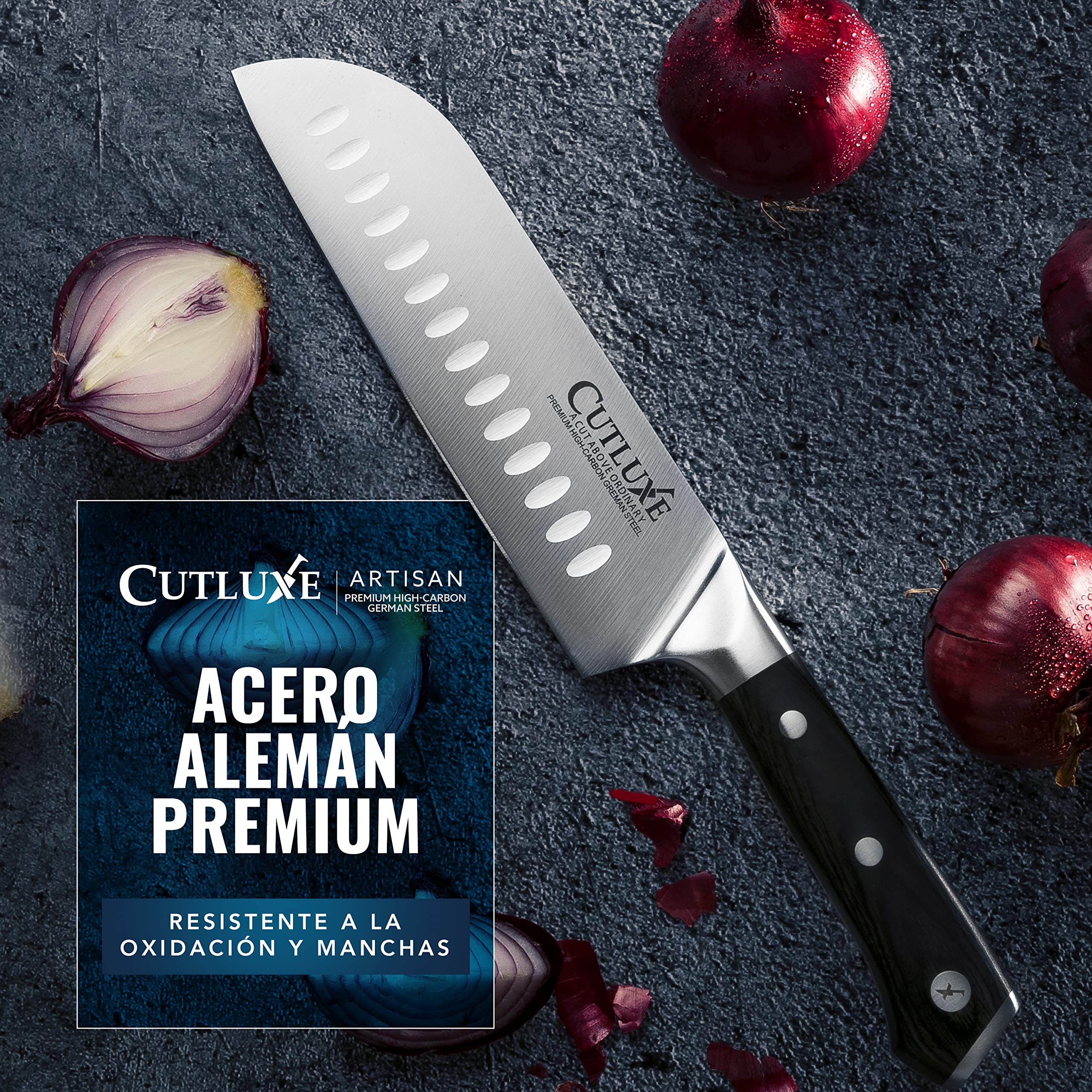Cutluxe Cuchillo Santoku – 18 cm Cuchillo Profesional de Chef Con Funda– Acero Alemán con Alto Contenido de Carbono – Cuchilla Afilada y Espiga Completa – Diseño de Mango Ergonómico – Serie Artesano