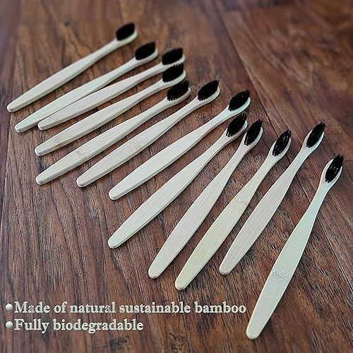 Vista 2 de Cepillo de dientes de bambú natural para blanquear los dientes con cerdas de carbón de bambú (paquete de 12 cepillos de dientes) Biodegradable
