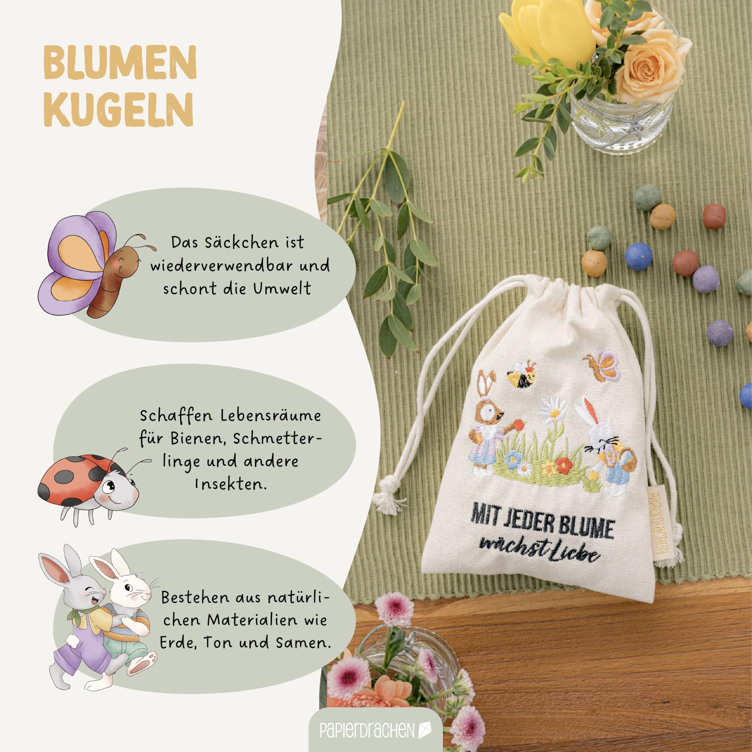 Papierdrachen 20 bolas de flores con saquito de conejo de Pascua – Semillas de flores – Pascua – Bordado colorido – Abejas – Regalo sostenible